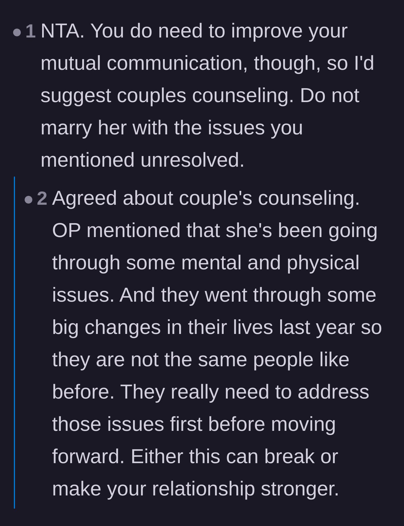 Comment thread 2 - Advice urging couples counseling to address the fiancé's underlying mental and physical health struggles.