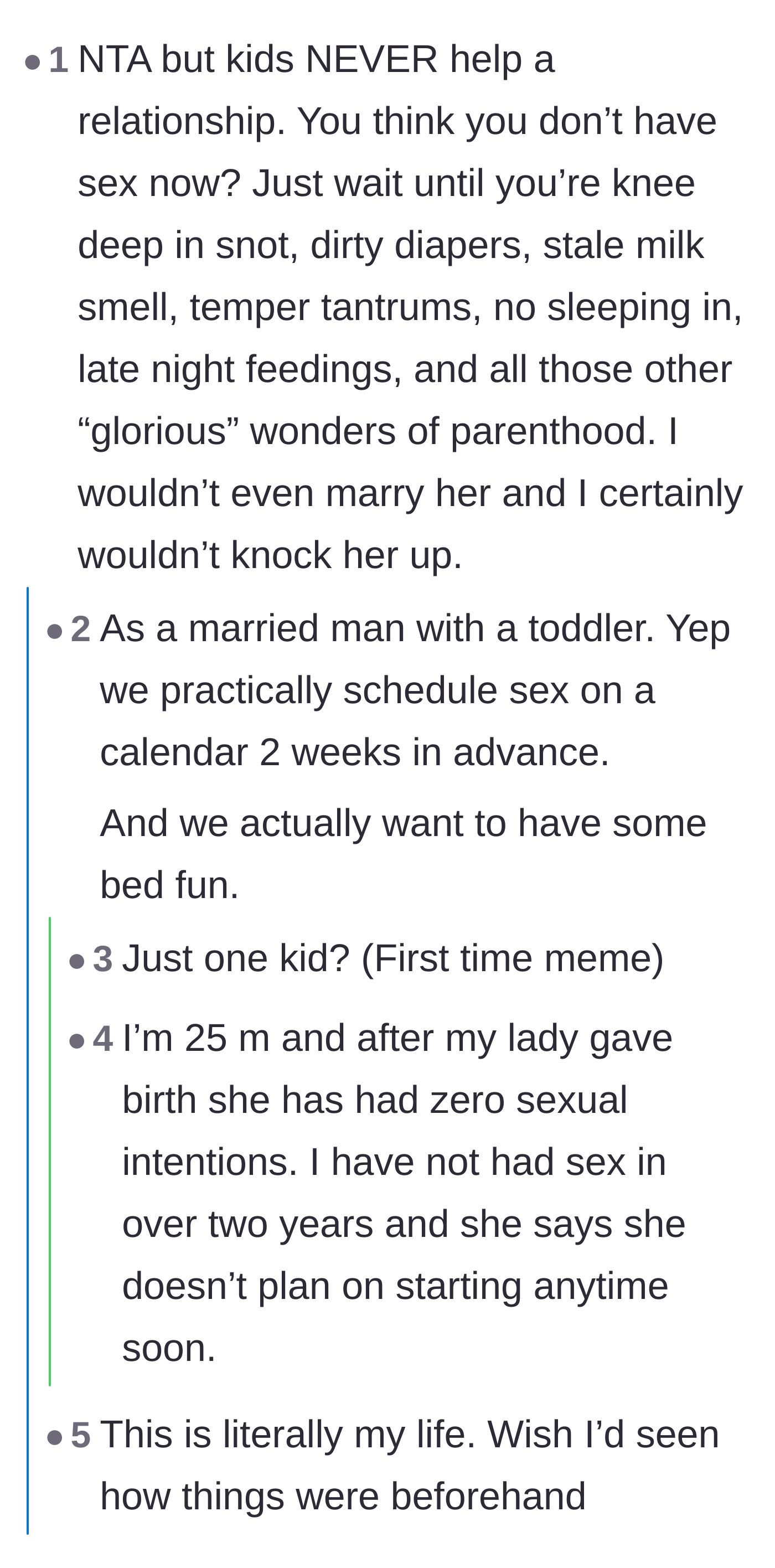 Comment thread 3 - Parents sharing harsh realities of how having children further strains intimacy rather than fixing it.