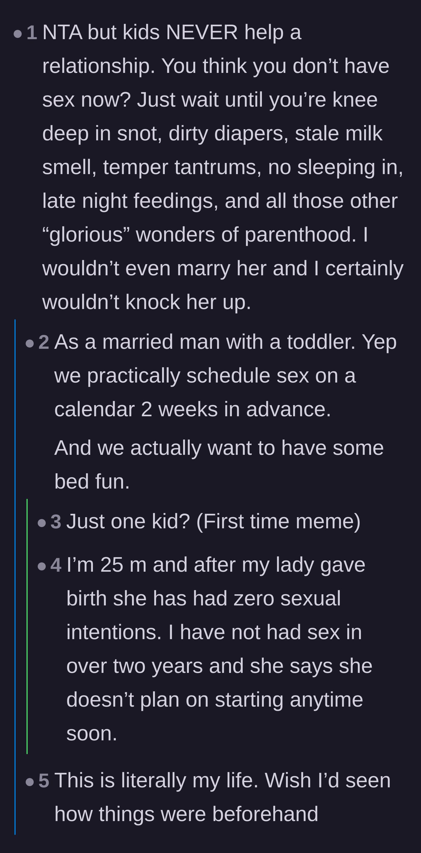Comment thread 3 - Parents sharing harsh realities of how having children further strains intimacy rather than fixing it.