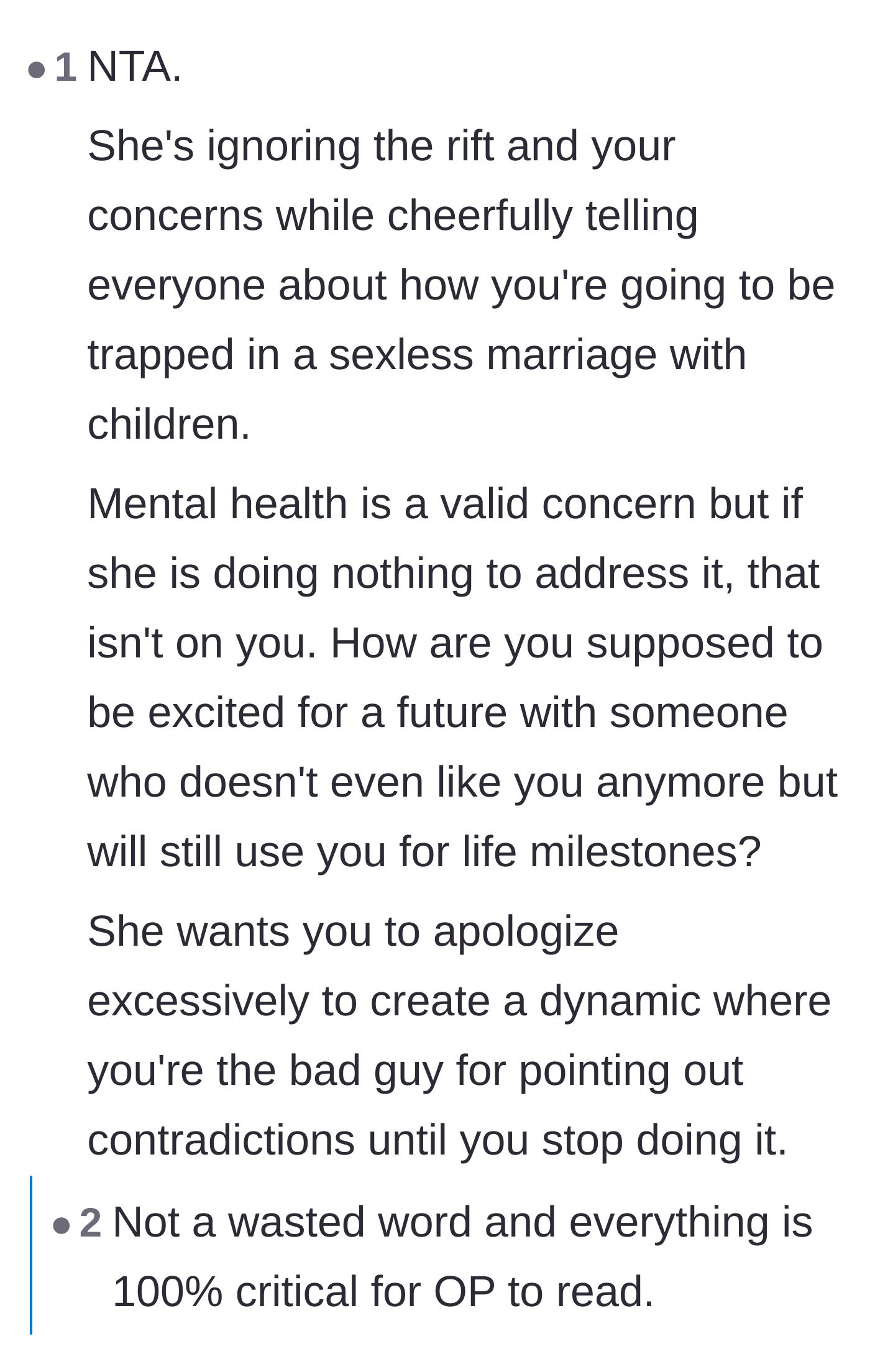 Comment thread 4 - Critique of the fiancé ignoring the relationship's reality while using the partner for life milestones.
