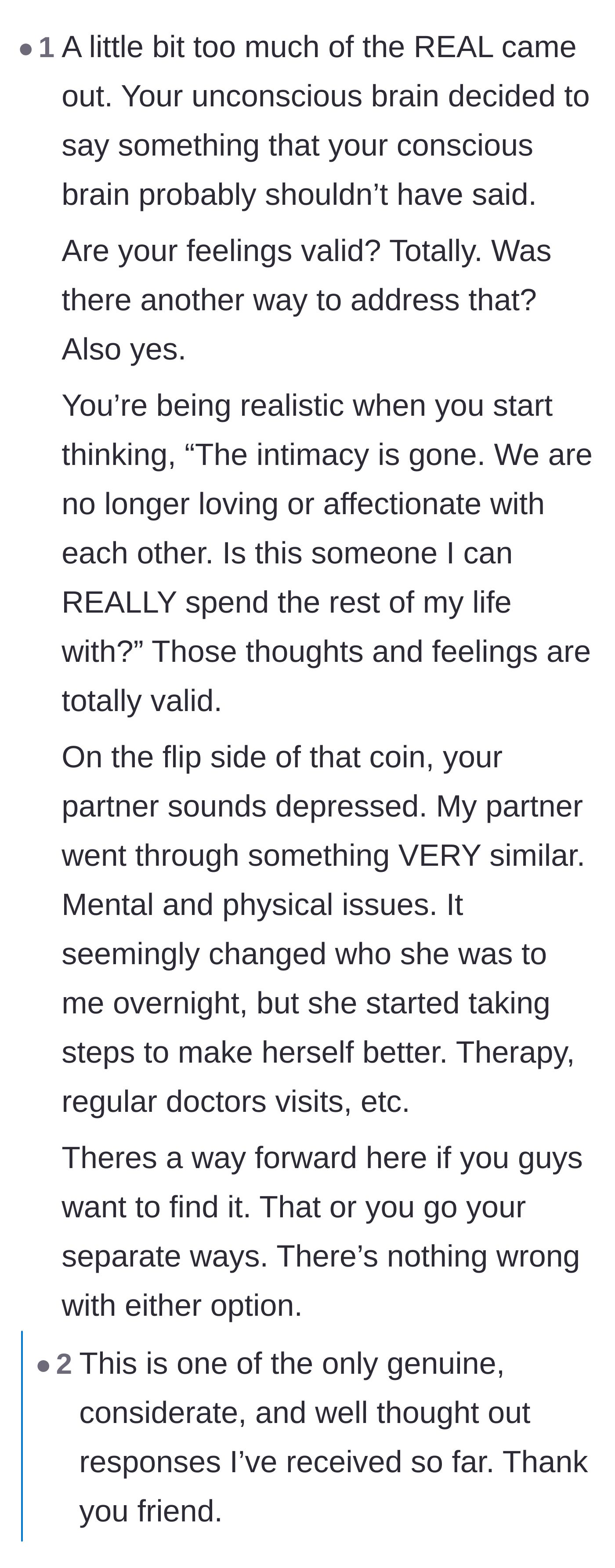 Comment thread 6 - A compassionate response validating the partner's frustration while urging them to investigate the fiancé's potential depression.