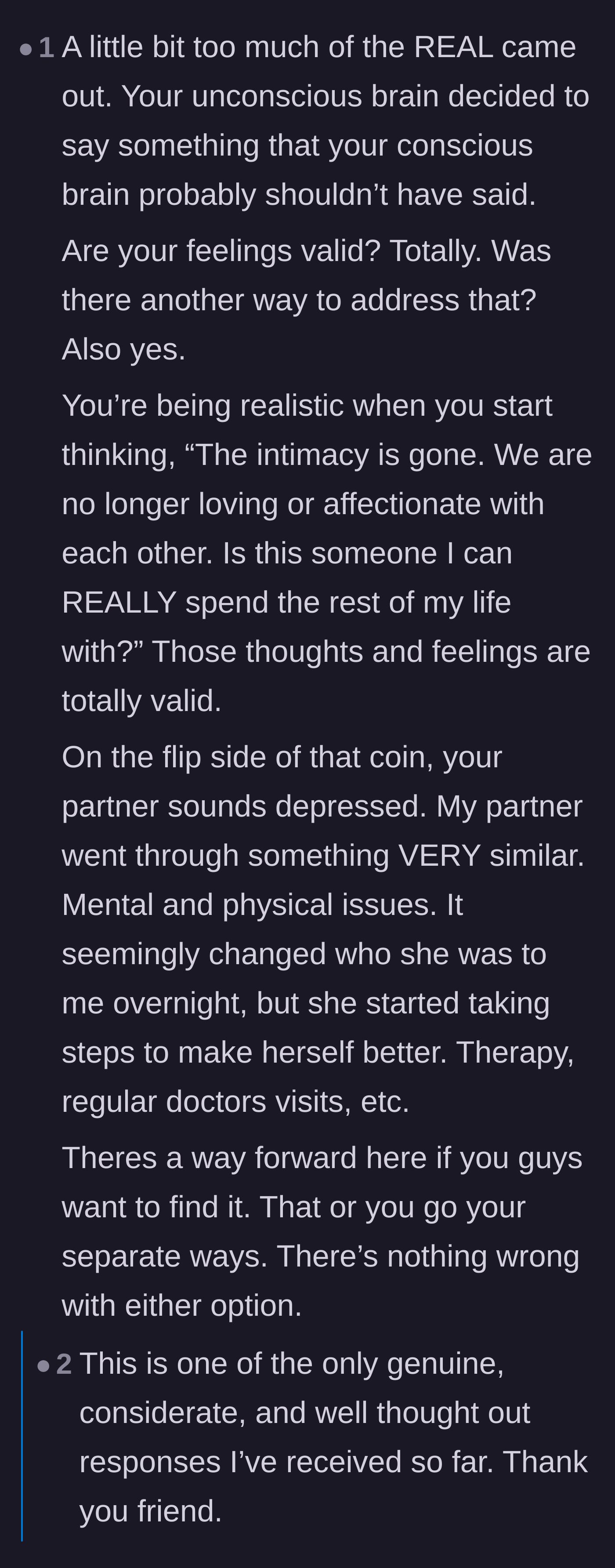Comment thread 6 - A compassionate response validating the partner's frustration while urging them to investigate the fiancé's potential depression.