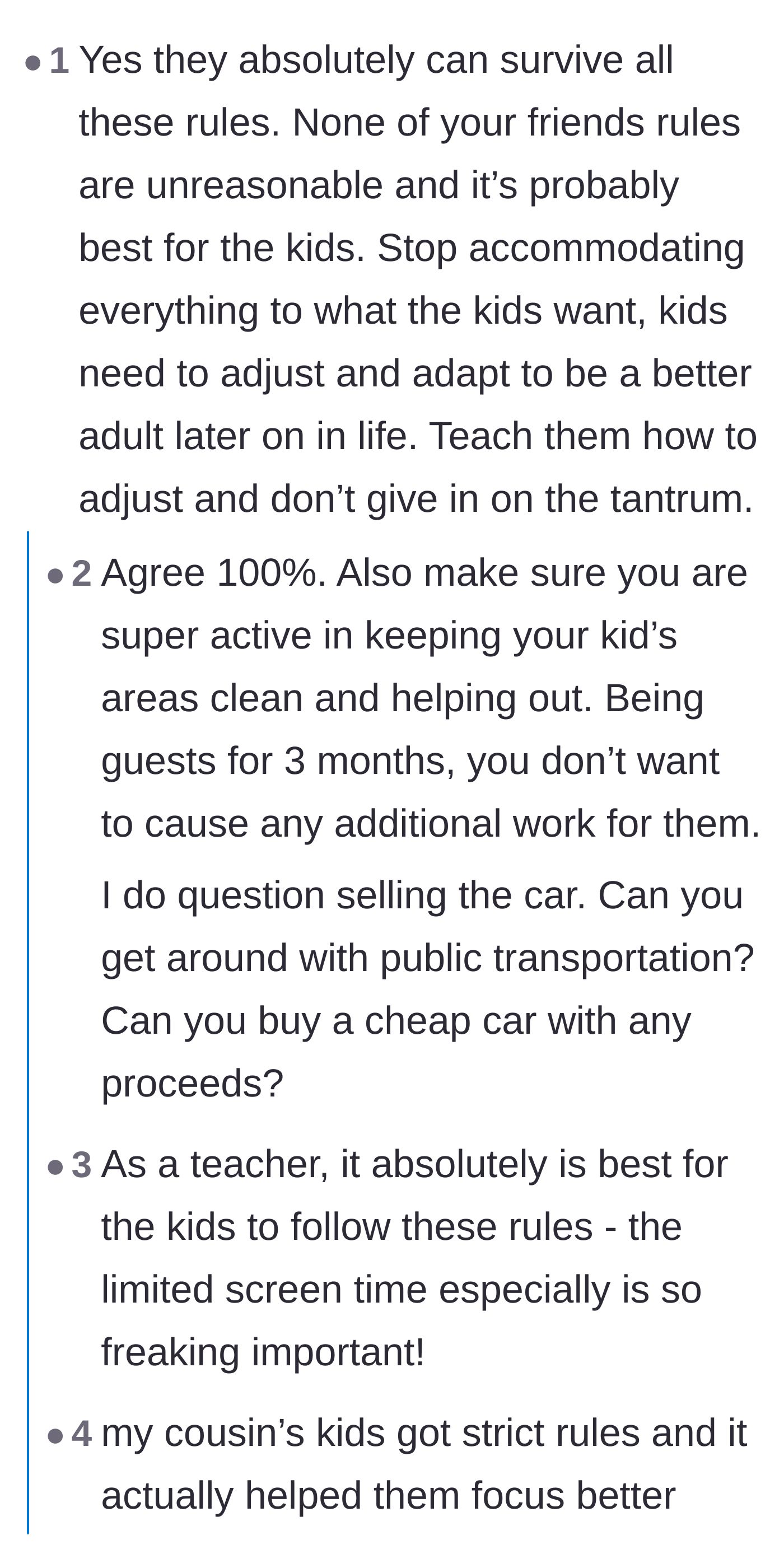 Comment thread 2 - A thread of teachers and parents agreeing that the friend's rules are completely reasonable and will ultimately benefit the children.