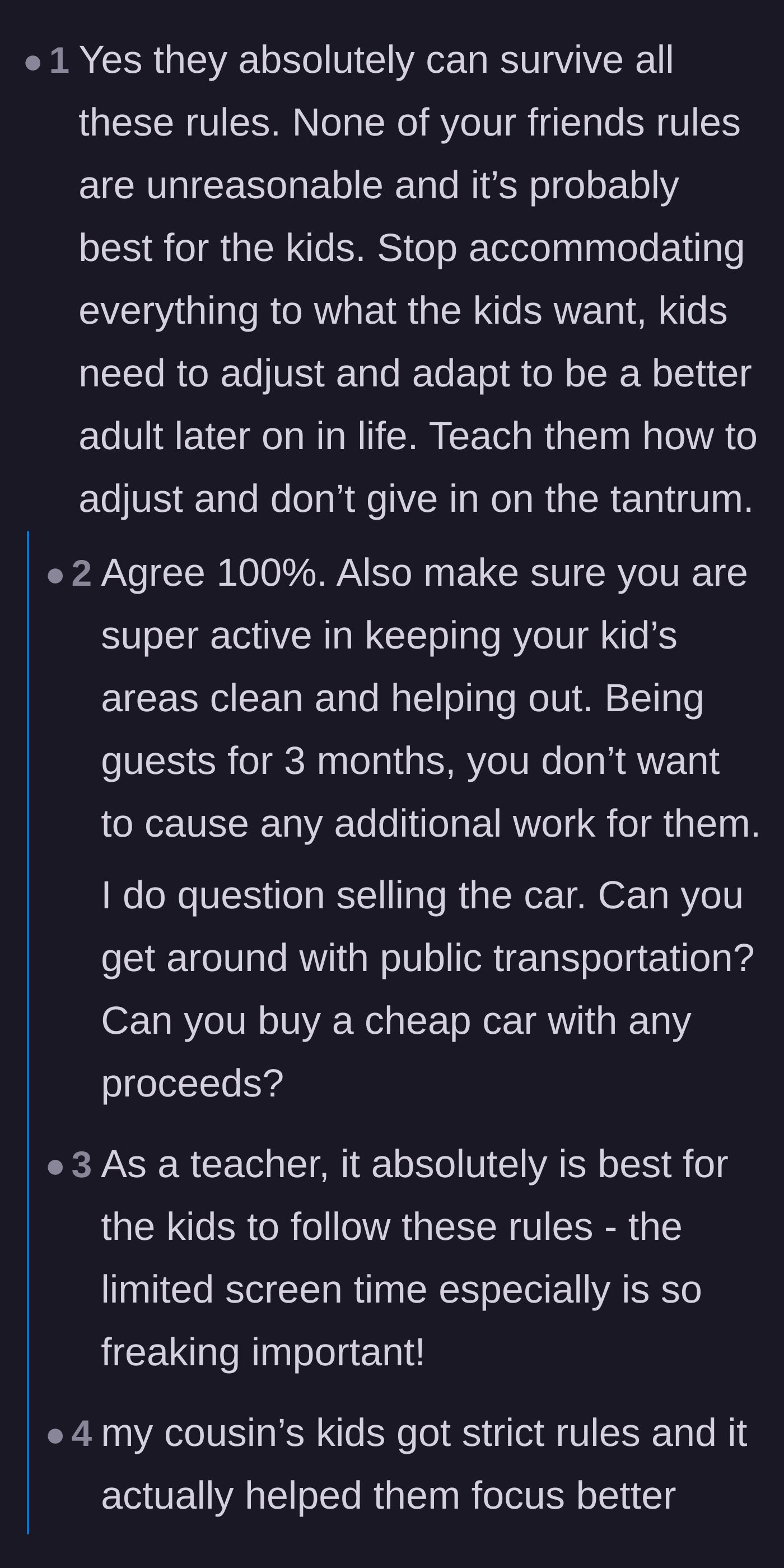 Comment thread 2 - A thread of teachers and parents agreeing that the friend's rules are completely reasonable and will ultimately benefit the children.