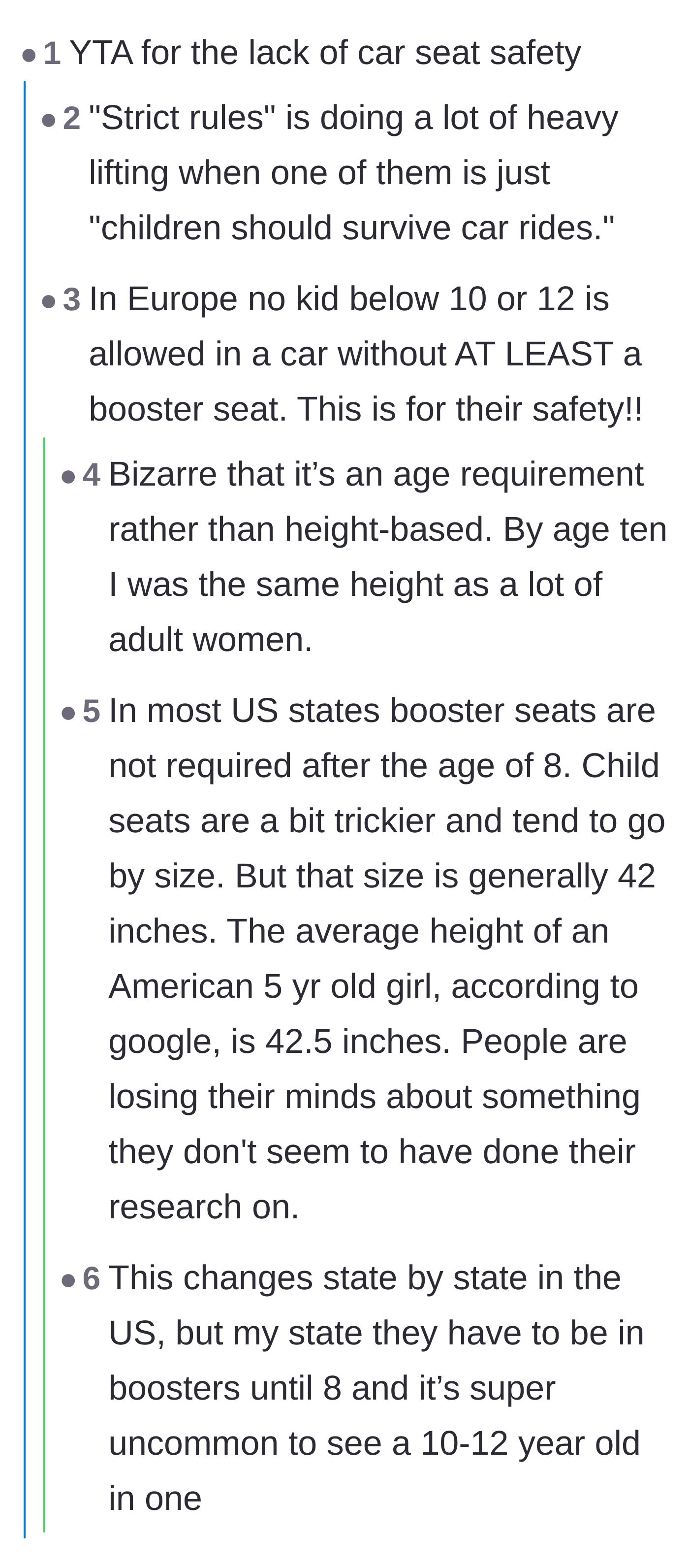 Comment thread 3 - Readers aggressively call out the parent's lack of car seat safety, debating international booster seat laws and height requirements.