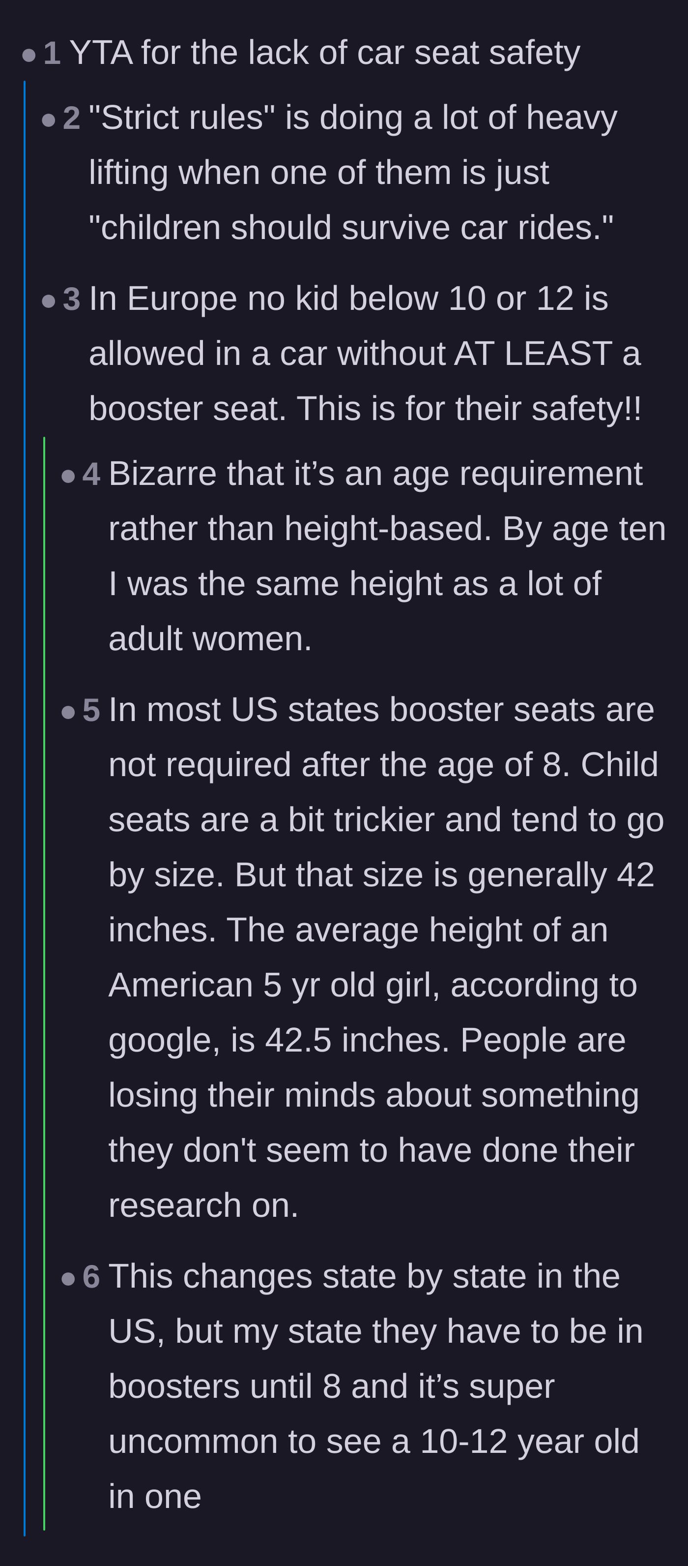 Comment thread 3 - Readers aggressively call out the parent's lack of car seat safety, debating international booster seat laws and height requirements.