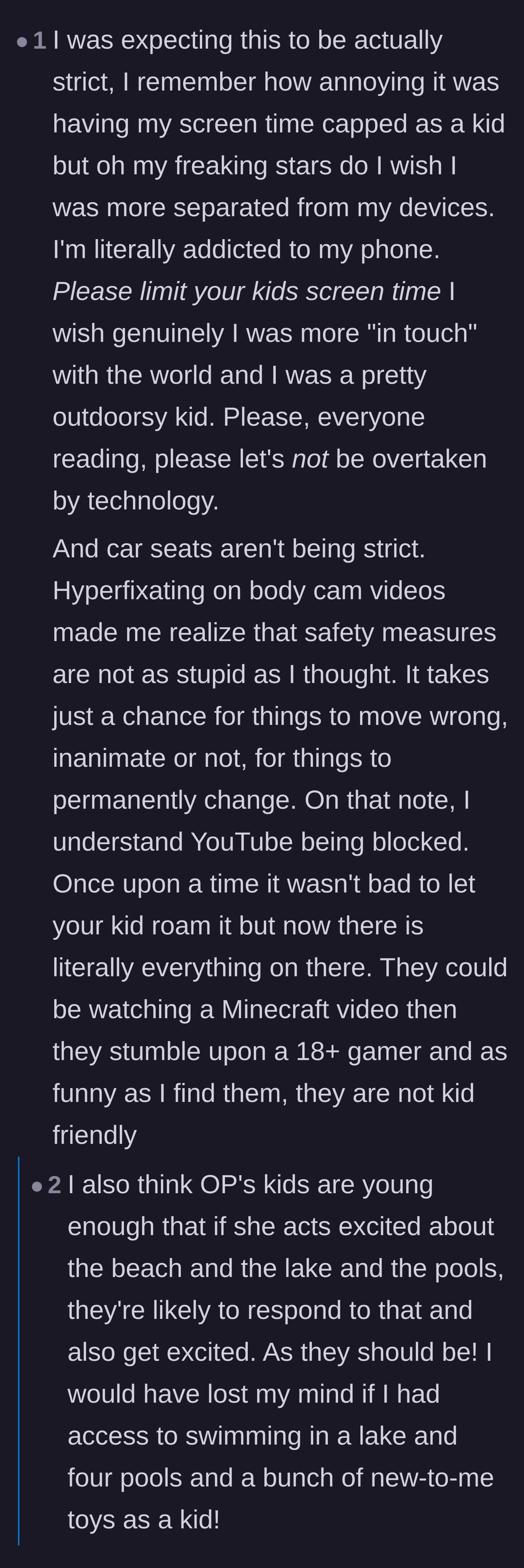 Comment thread 6 - A thread reflecting on the genuine dangers of screen addiction and the necessity of blocking unmonitored platforms like YouTube.