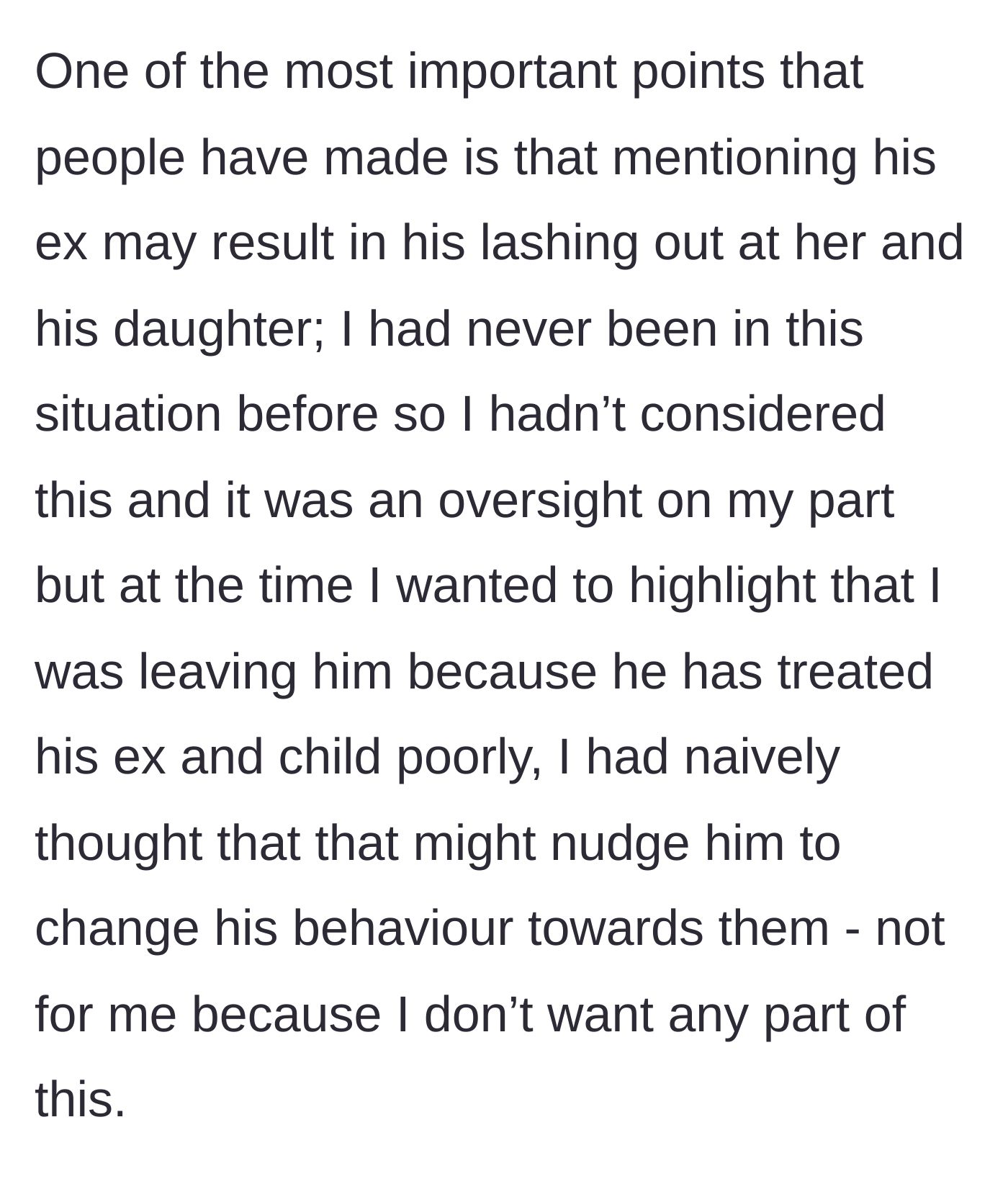 Story part 13 - She realizes her mistake in telling him his ex was her source, naively hoping it would make him a better father.