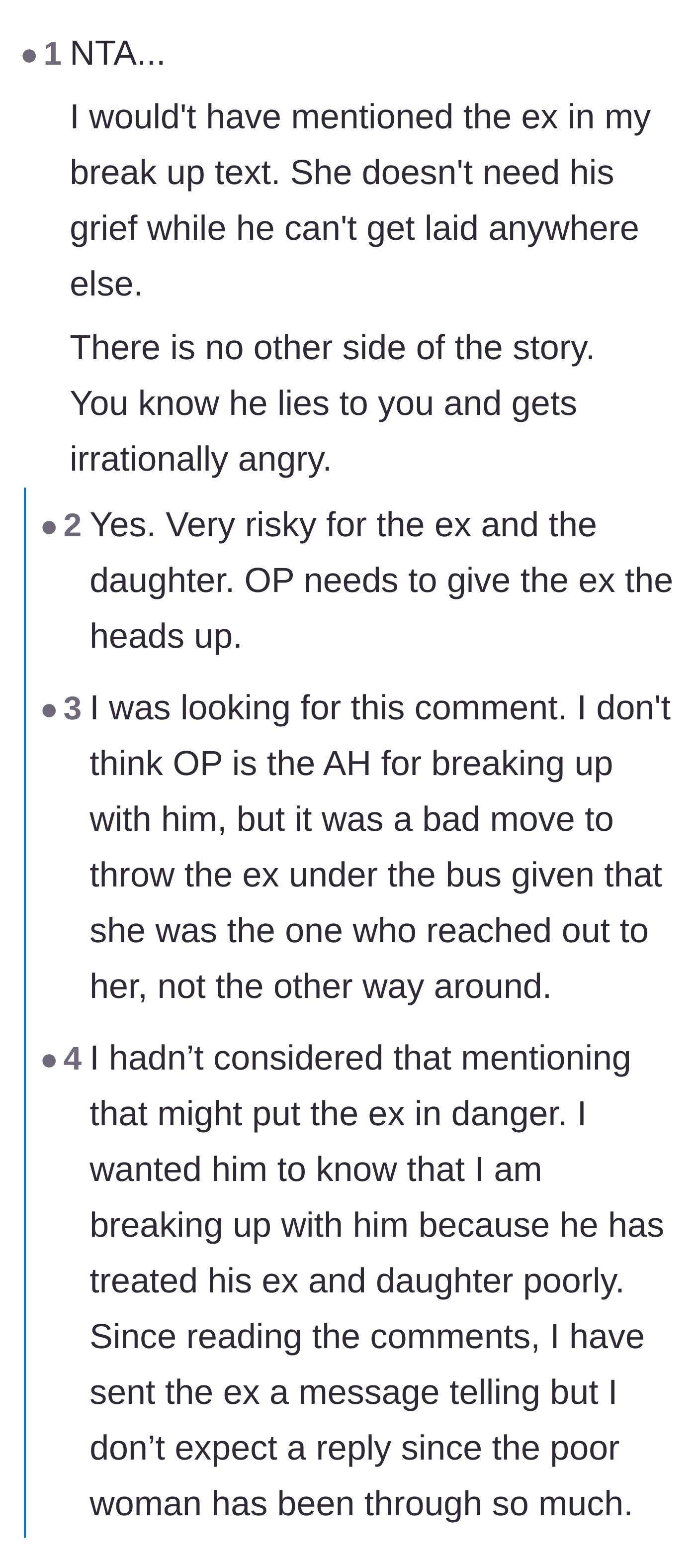 Comment thread 1 - Readers warn the girlfriend about the potential danger of mentioning the ex during the breakup.
