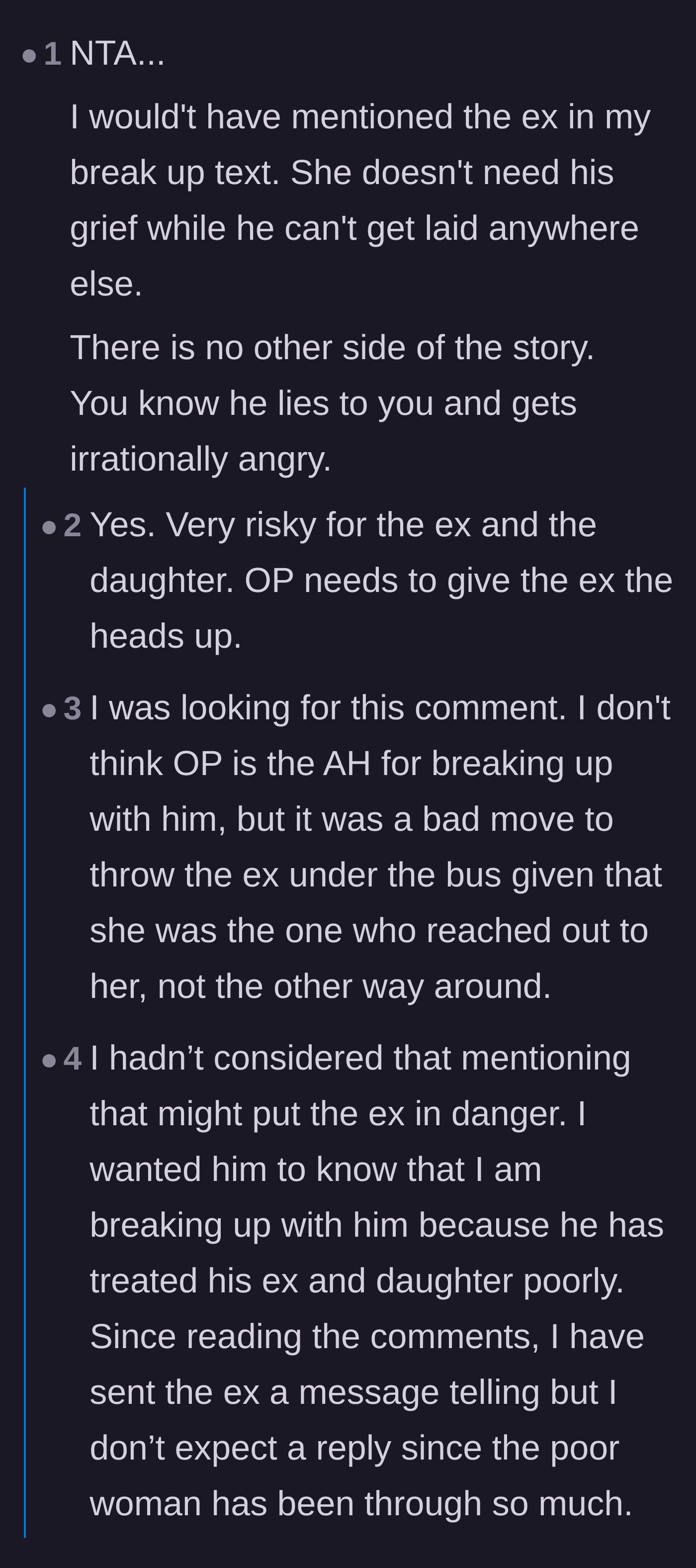 Comment thread 1 - Readers warn the girlfriend about the potential danger of mentioning the ex during the breakup.