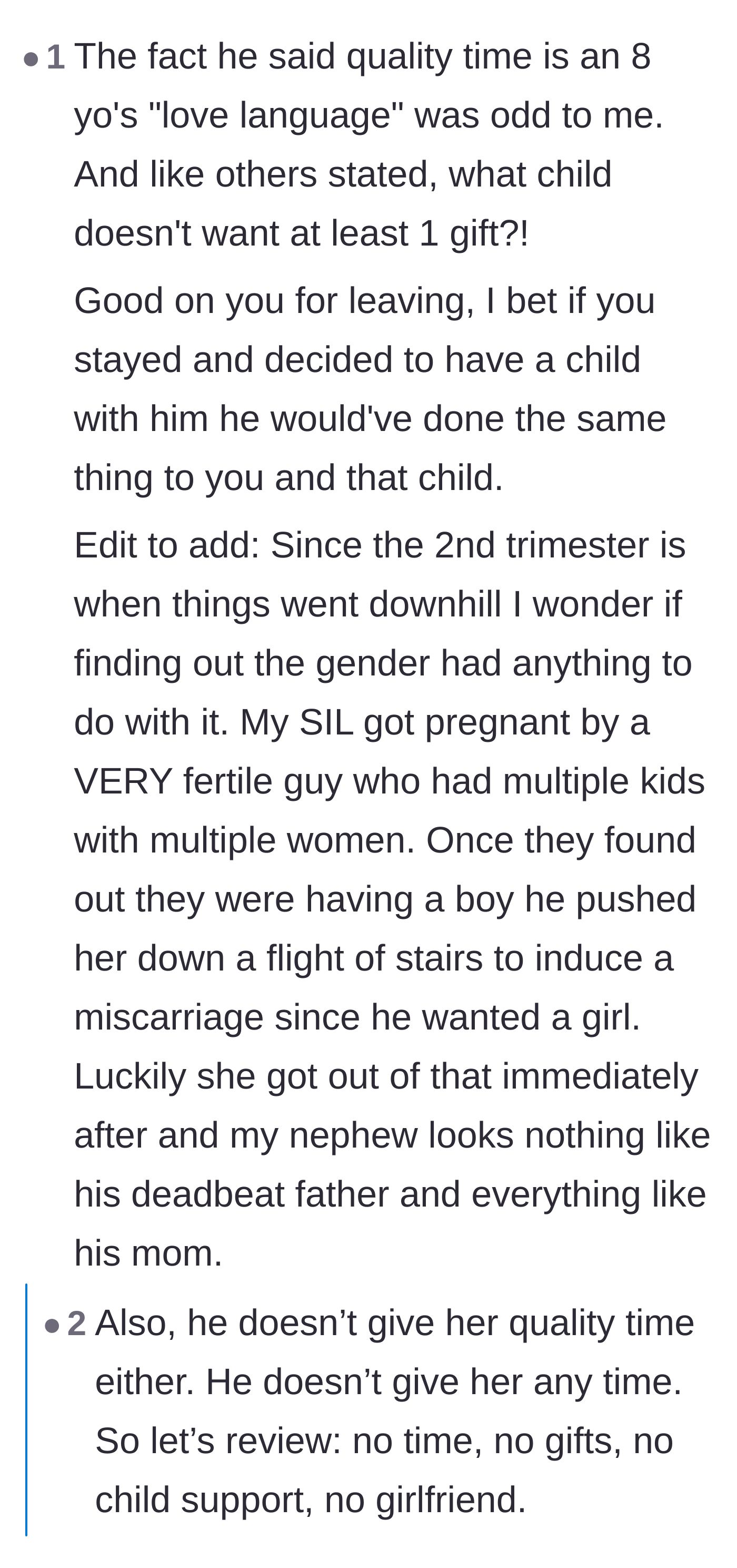 Comment thread 3 - Readers dissect the boyfriend's bizarre lie about his daughter's love language being quality time.