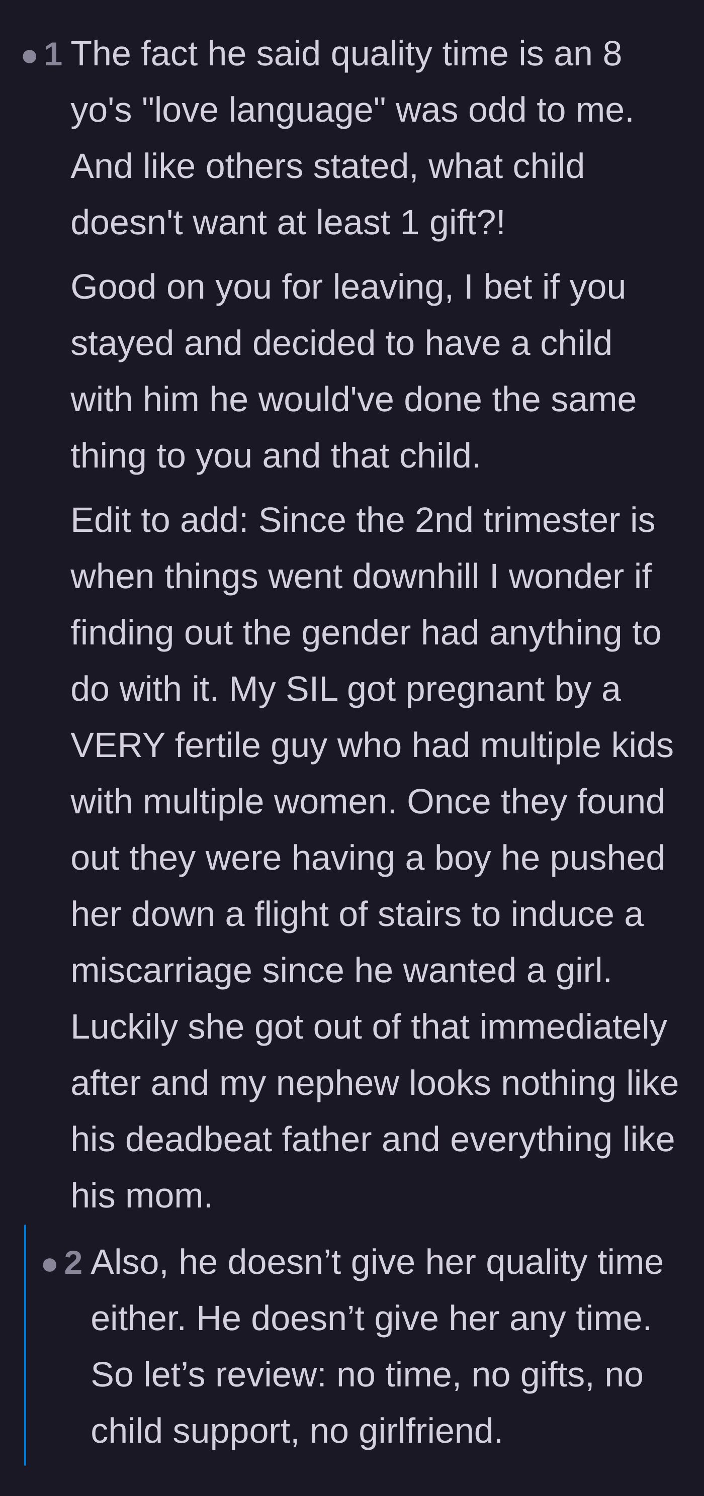Comment thread 3 - Readers dissect the boyfriend's bizarre lie about his daughter's love language being quality time.