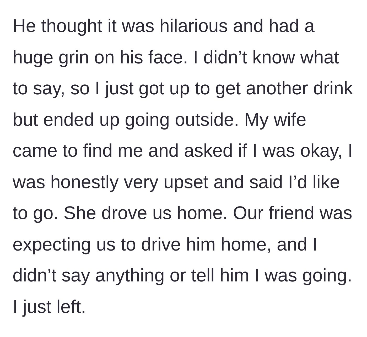 Story part 4 - Deeply hurt, the husband quietly leaves the brewery with his supportive wife, leaving the cruel friend without a ride.