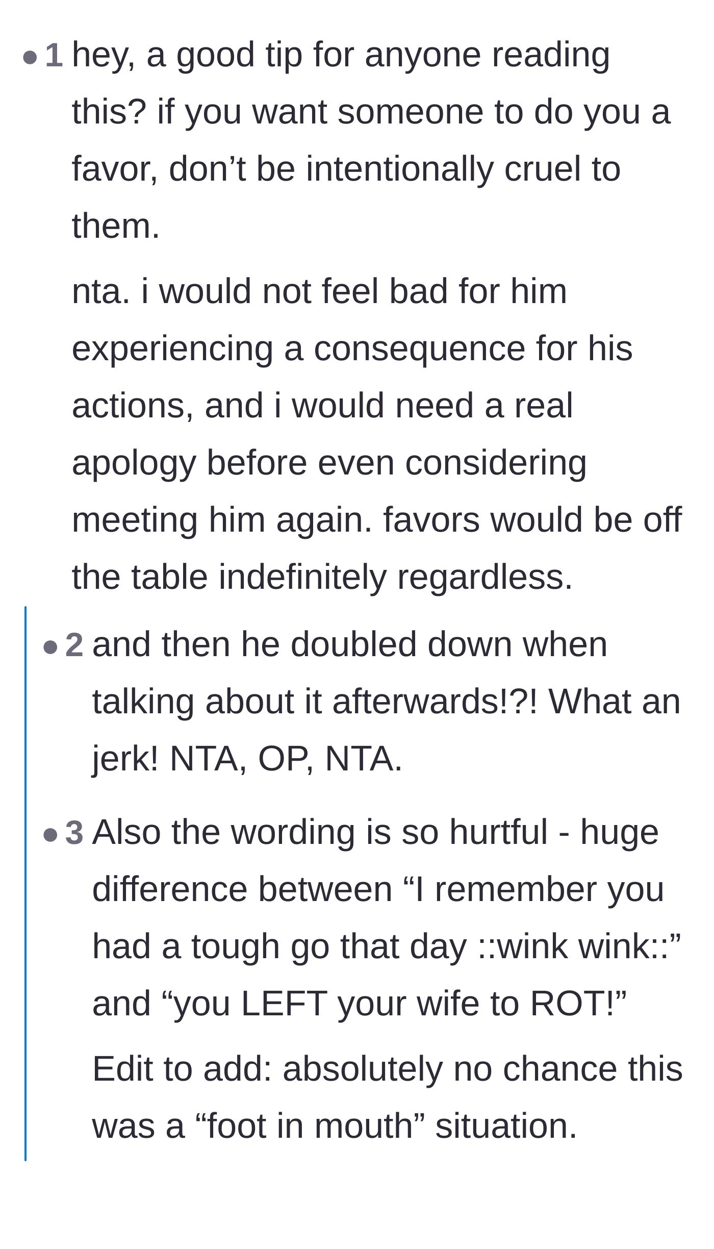 Comment thread 1 - Readers validating the husband's decision to wait for rescue help and refusing to do favors for cruel friends.