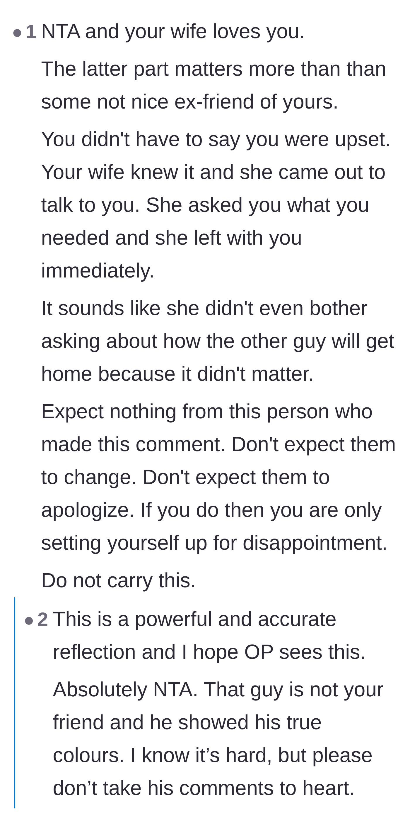 Comment thread 3 - Praise for the wife's supportive reaction and prioritizing her husband over the group.