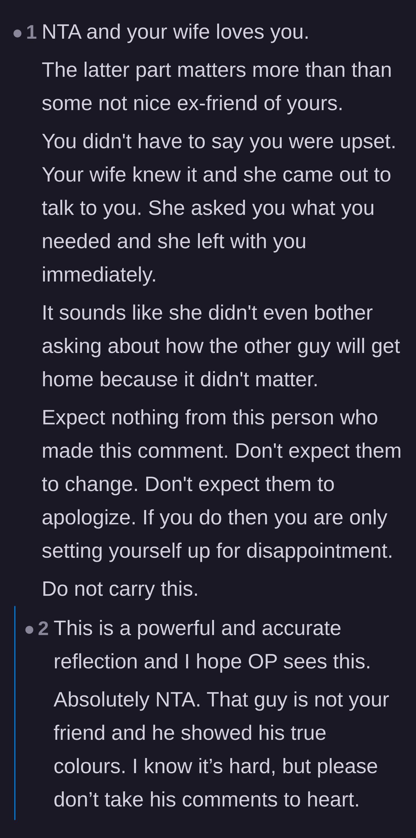 Comment thread 3 - Praise for the wife's supportive reaction and prioritizing her husband over the group.