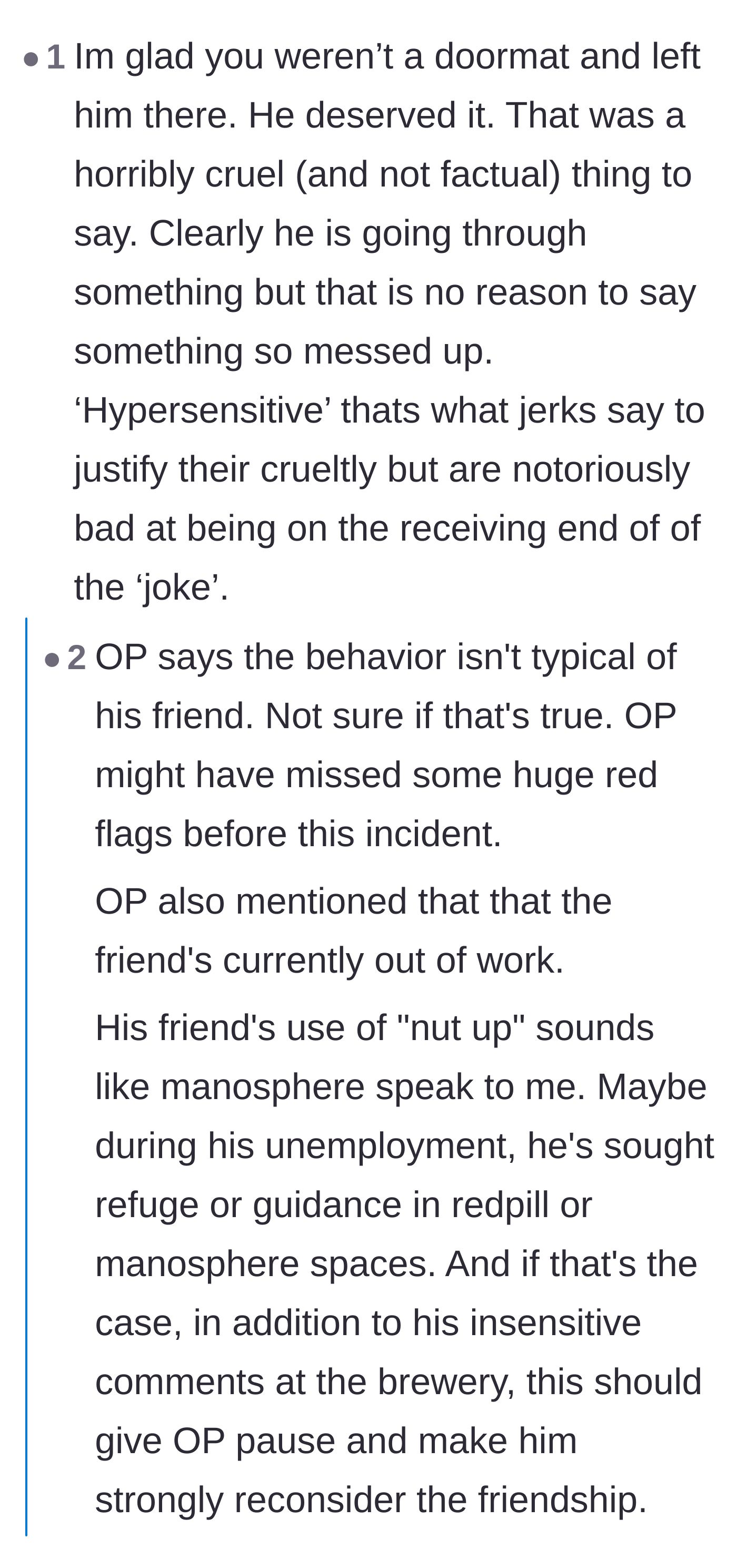 Comment thread 4 - Discussion on how the friend's unemployment and 'nut up' language point to toxic online radicalization.