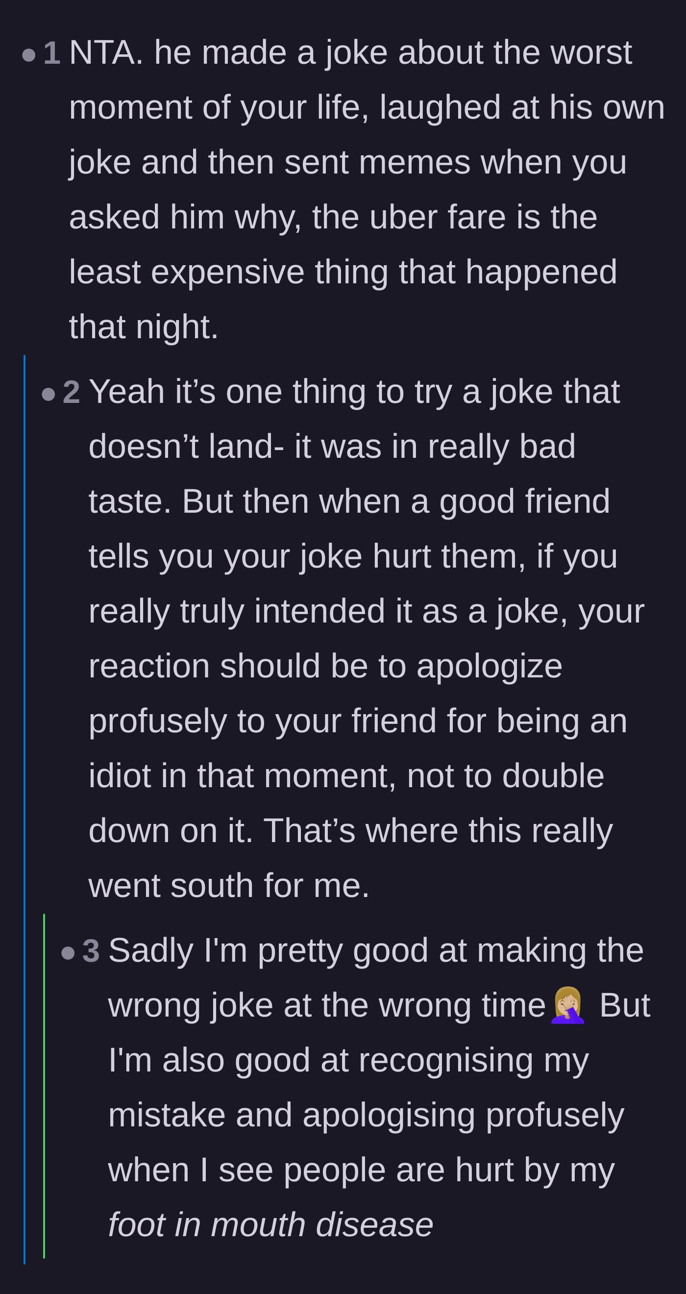 Comment thread 6 - A breakdown of why the comment wasn't a joke but a deliberate insult meant to cause pain.