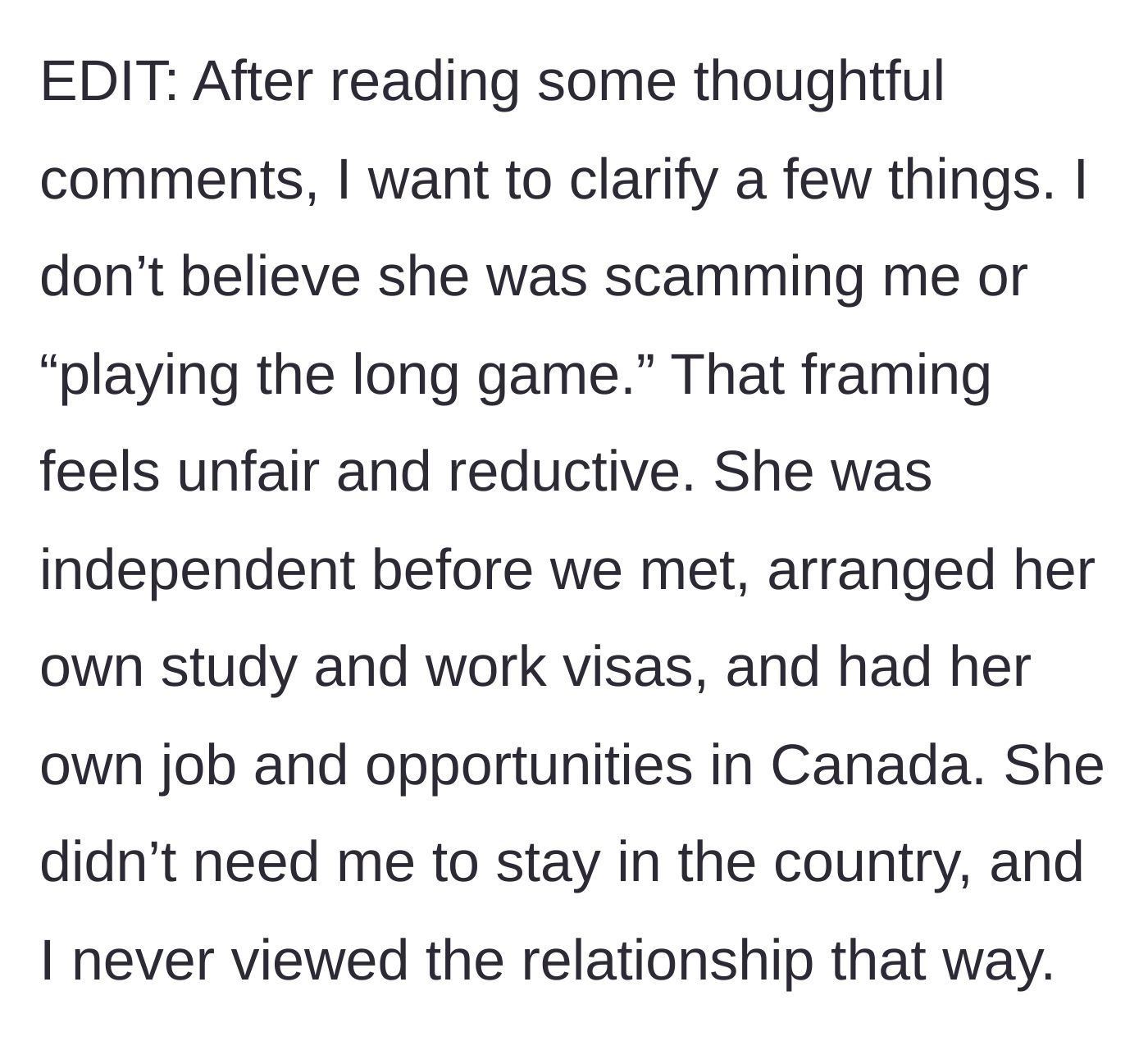 Story part 11 - Boyfriend clarifying that he doesn't believe his ex was scamming him or playing the long game.