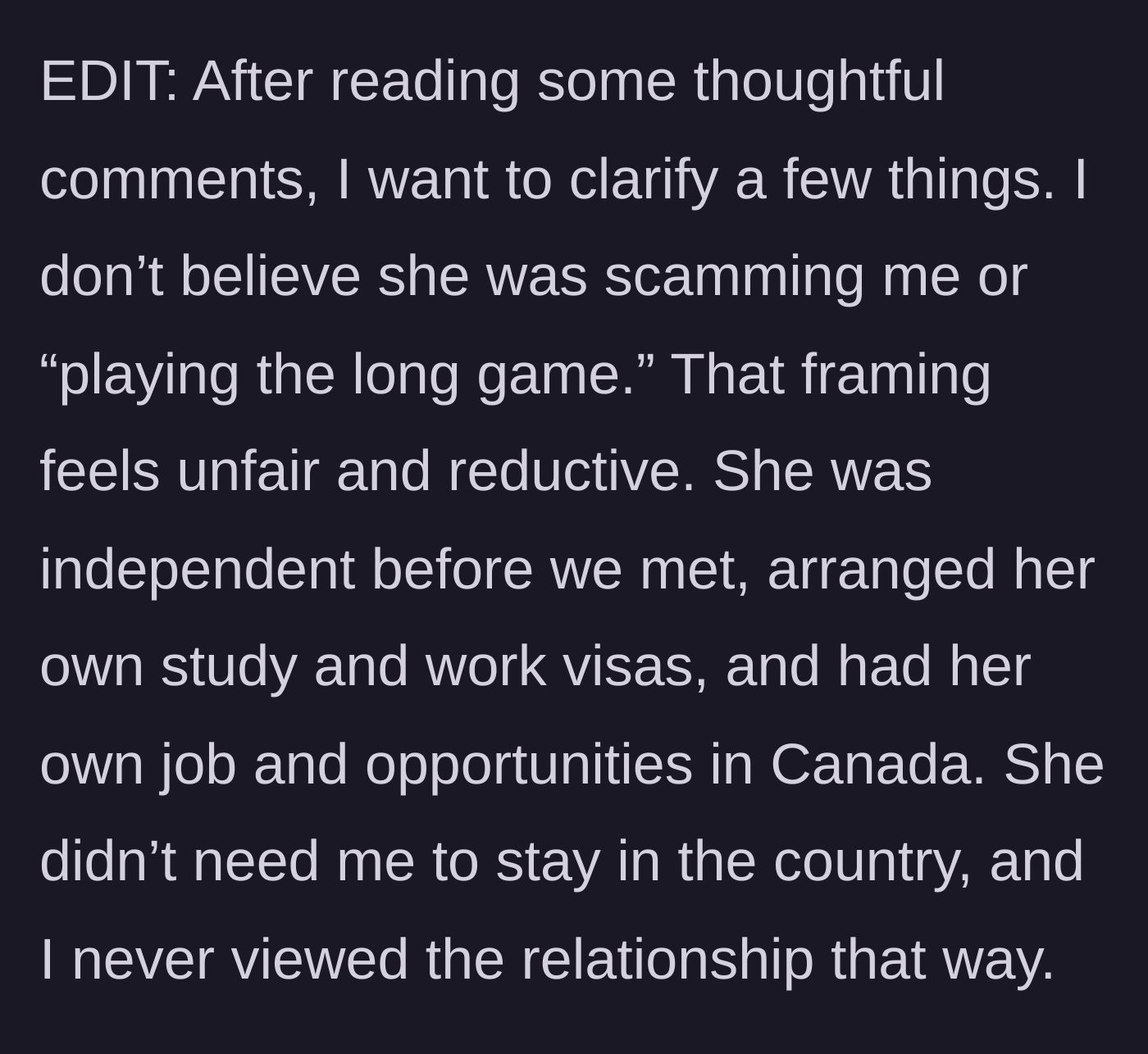 Story part 11 - Boyfriend clarifying that he doesn't believe his ex was scamming him or playing the long game.