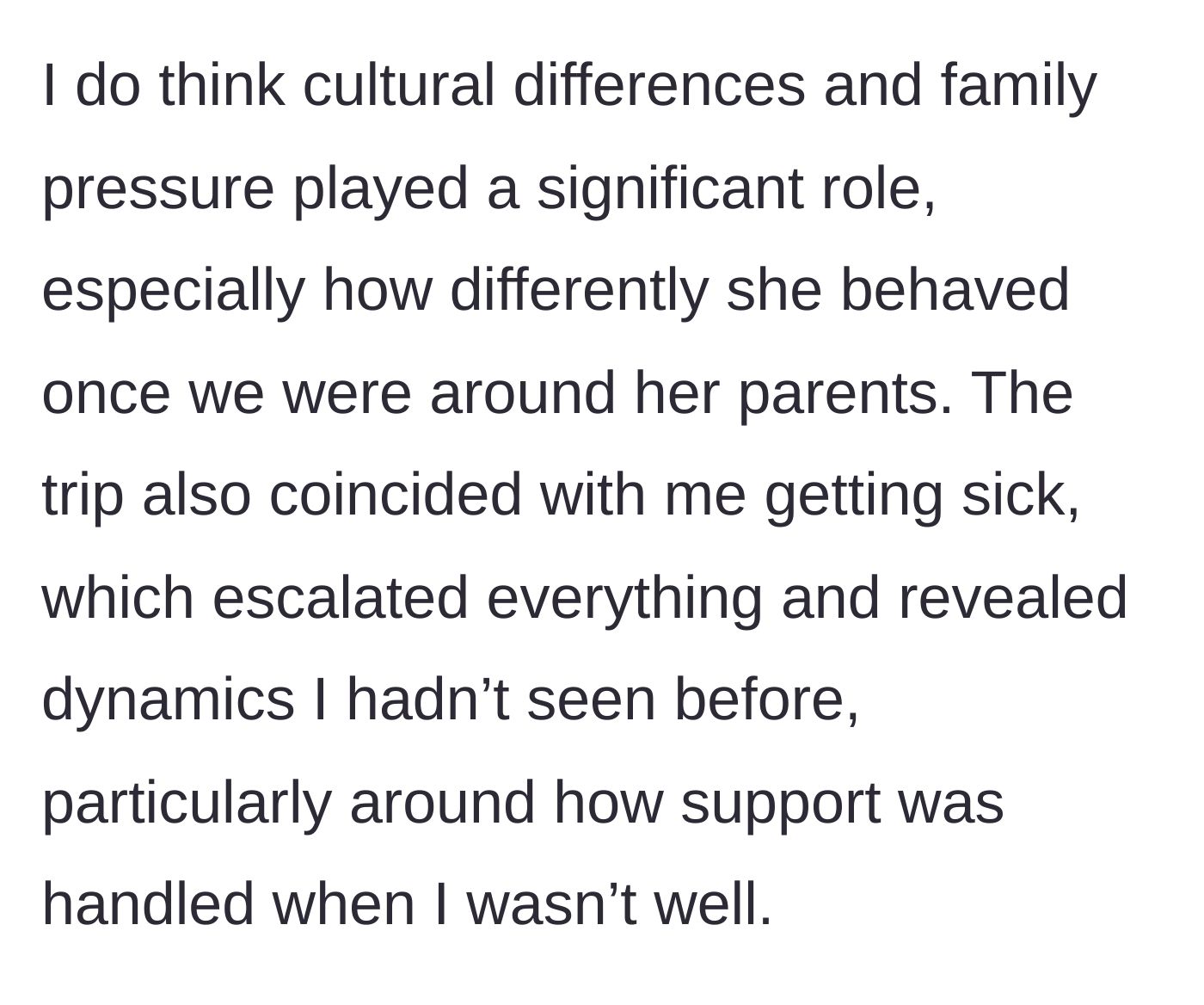 Story part 12 - Boyfriend reflecting on the impact of cultural differences, family pressure, and his illness.