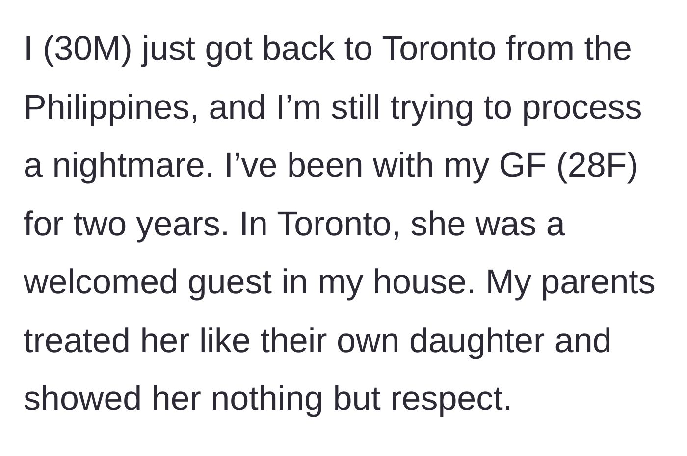 Story part 1 - Boyfriend returning to Toronto after a nightmare trip to the Philippines.