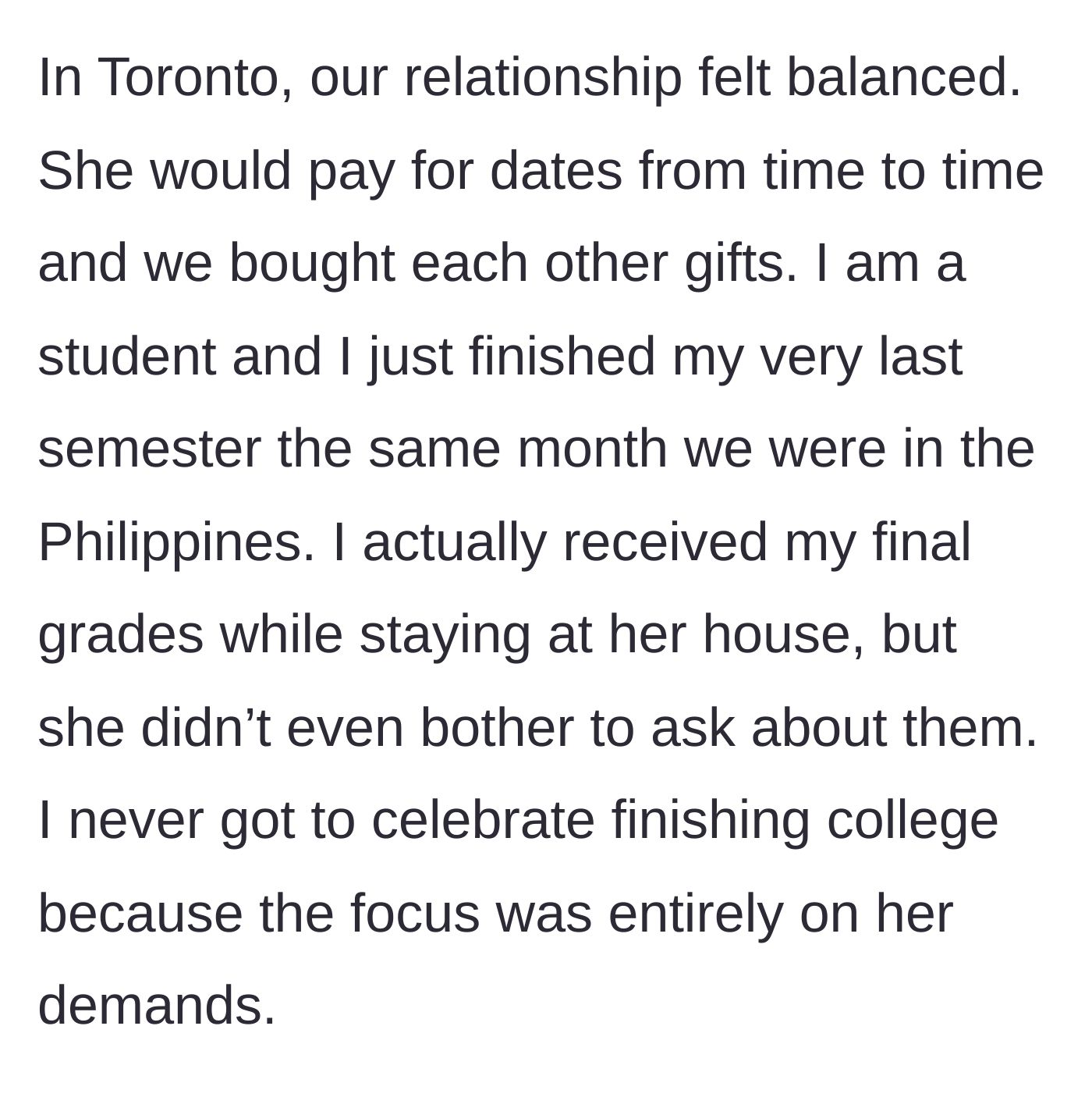 Story part 2 - Boyfriend reflecting on their balanced relationship in Toronto and his recent college graduation.