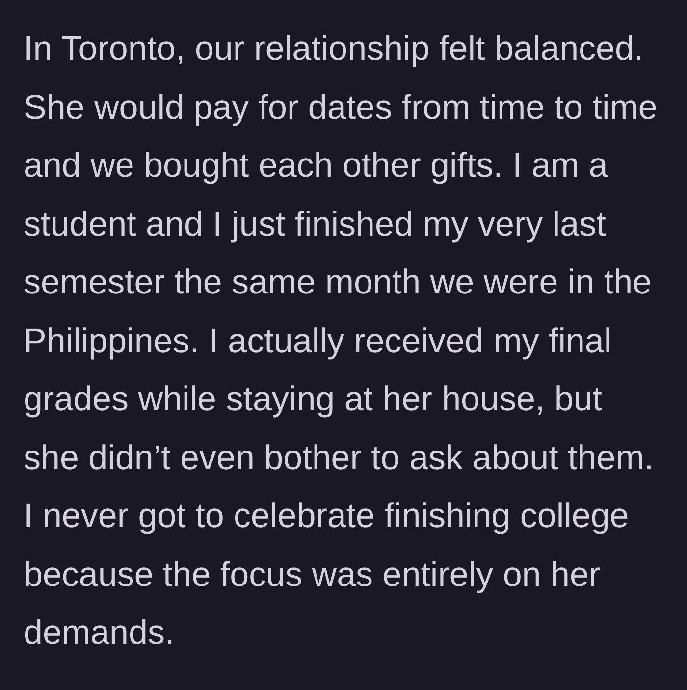 Story part 2 - Boyfriend reflecting on their balanced relationship in Toronto and his recent college graduation.