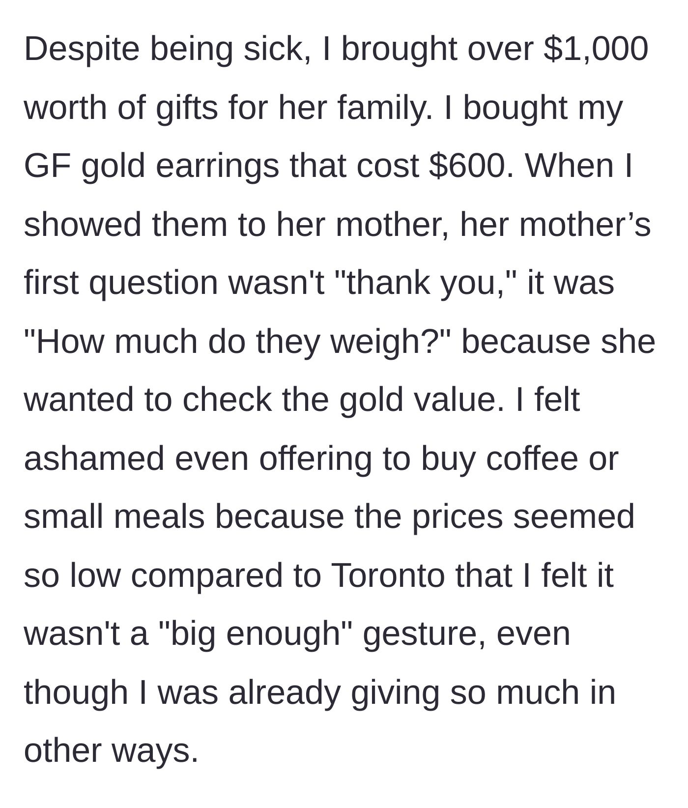Story part 4 - Boyfriend gifting expensive gold earrings to his girlfriend's mother, who only checks their physical weight.
