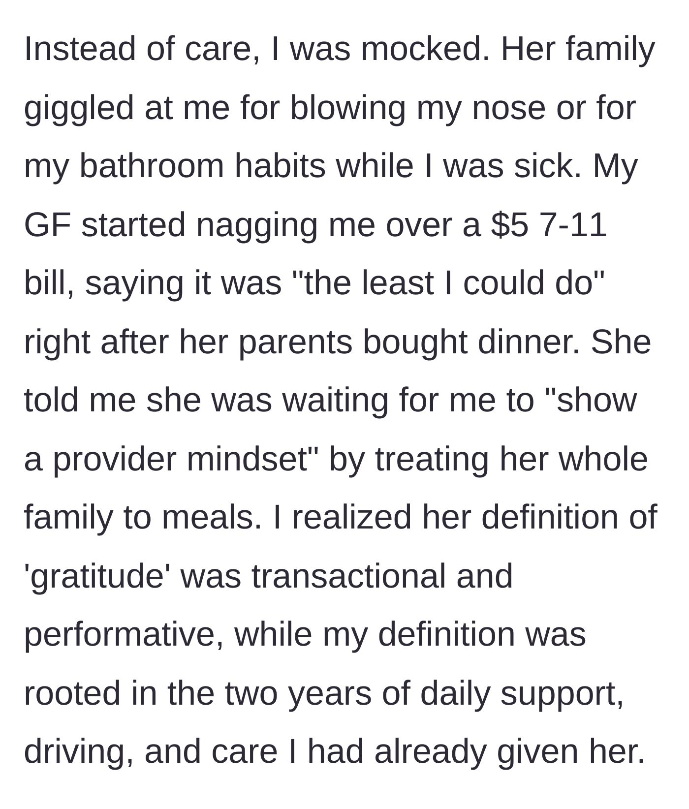 Story part 5 - Girlfriend's family mocking the sick boyfriend and demanding he show a provider mindset.