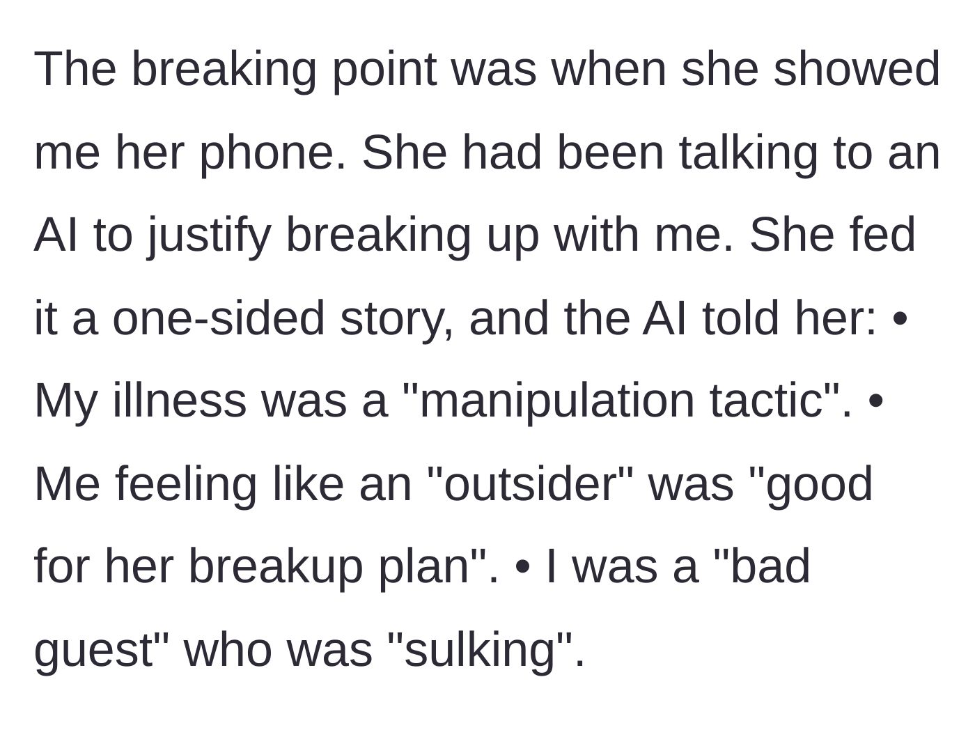 Story part 6 - Girlfriend showing AI chatbot messages that label the boyfriend's illness as a manipulation tactic.