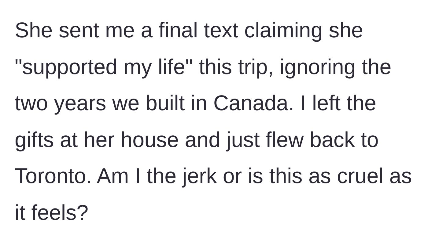 Story part 8 - Final text from the girlfriend claiming she supported his life, prompting him to fly home.