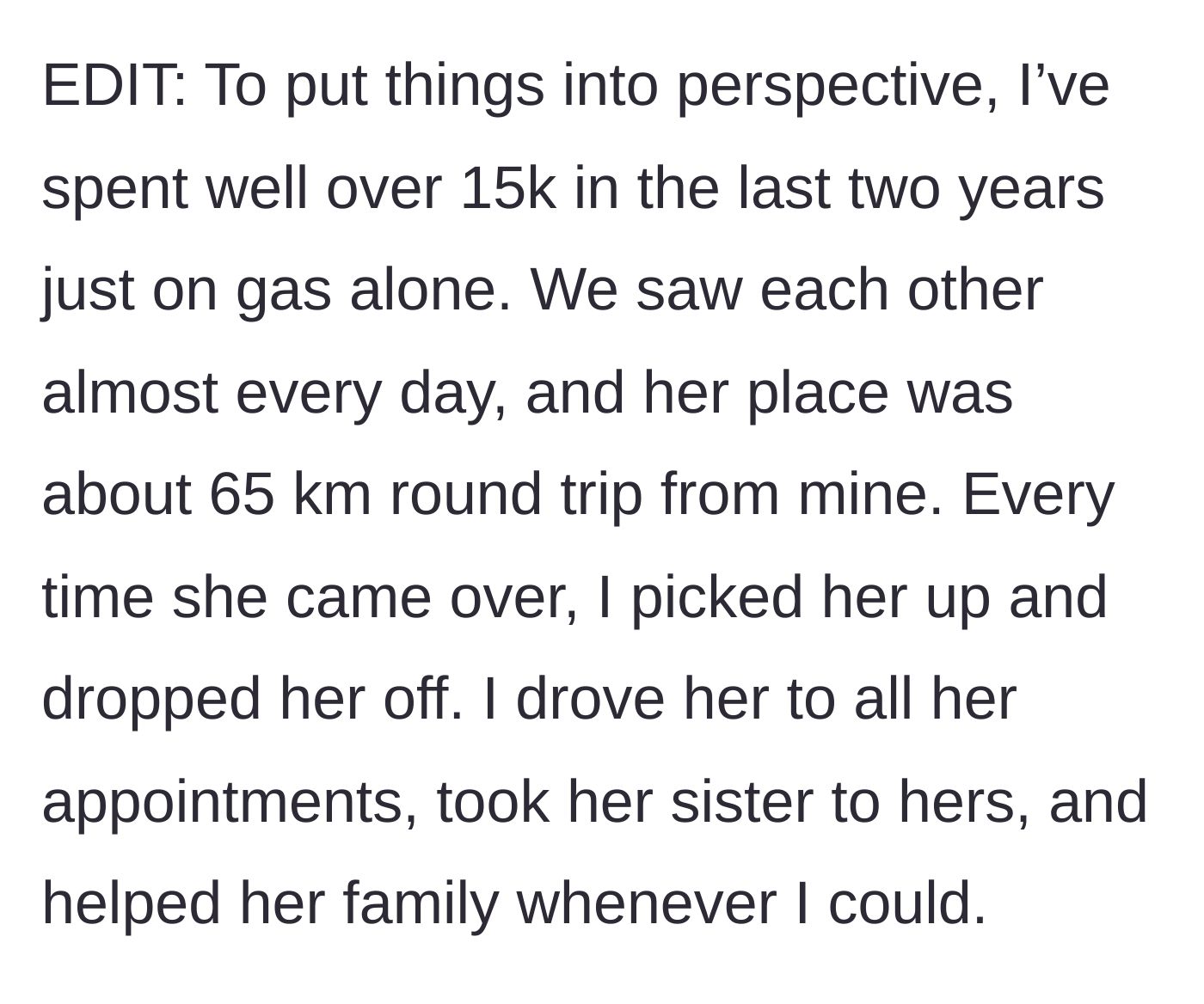 Story part 9 - Boyfriend explaining the massive time and financial investment he made during their relationship in Canada.