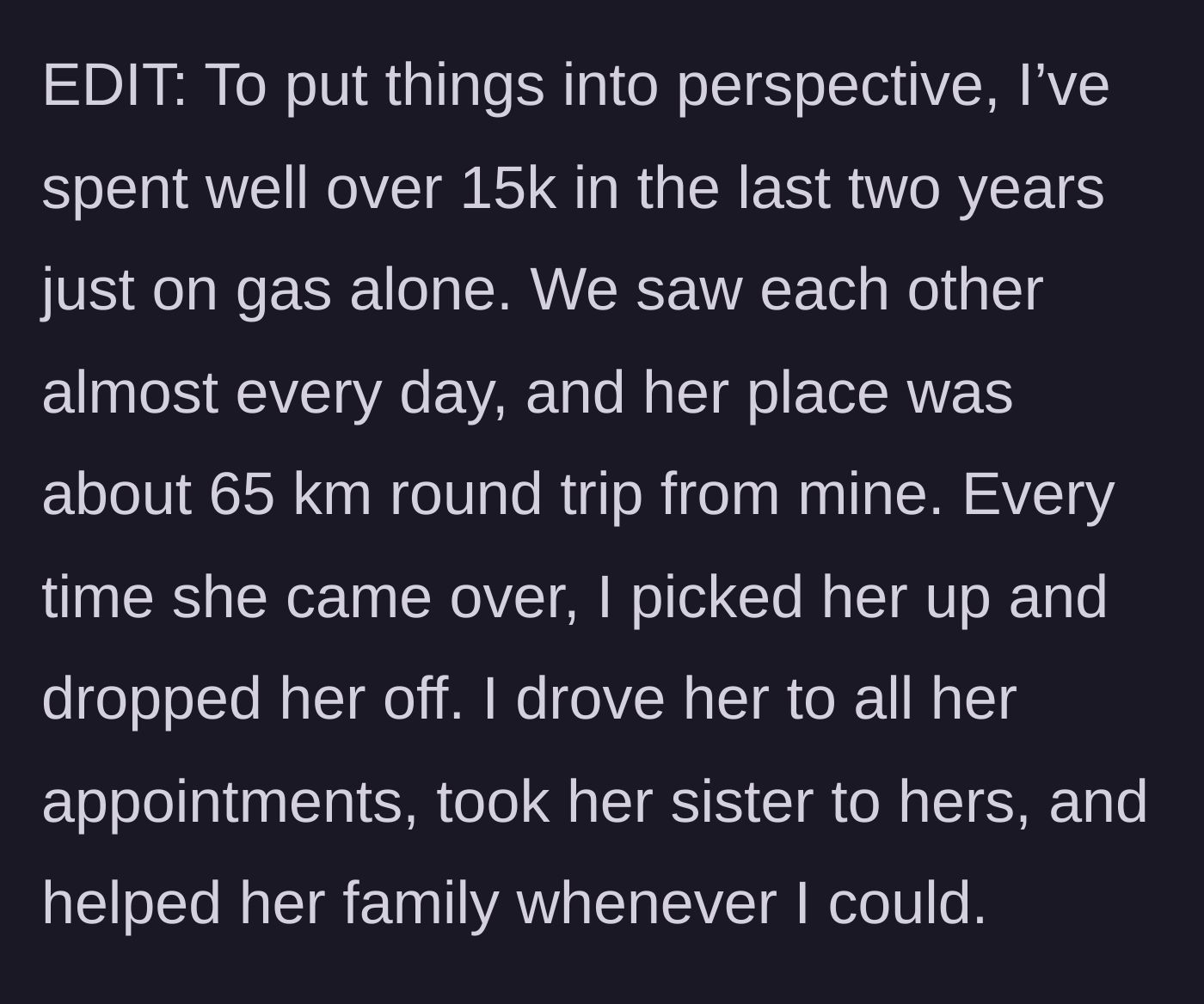 Story part 9 - Boyfriend explaining the massive time and financial investment he made during their relationship in Canada.