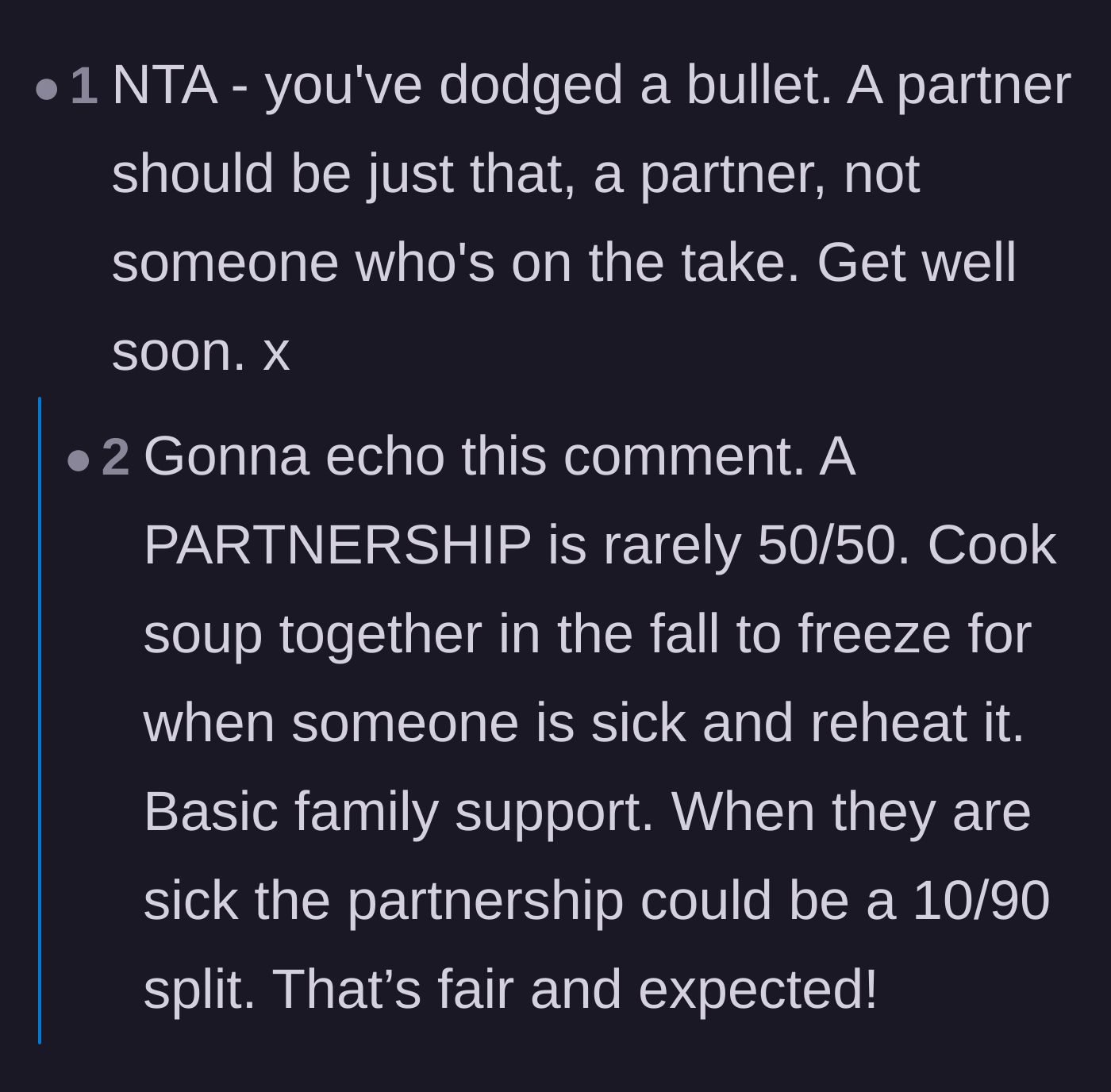 Comment thread 1 - Readers discussing how a real partnership requires unequal effort and unwavering support when one person falls ill.