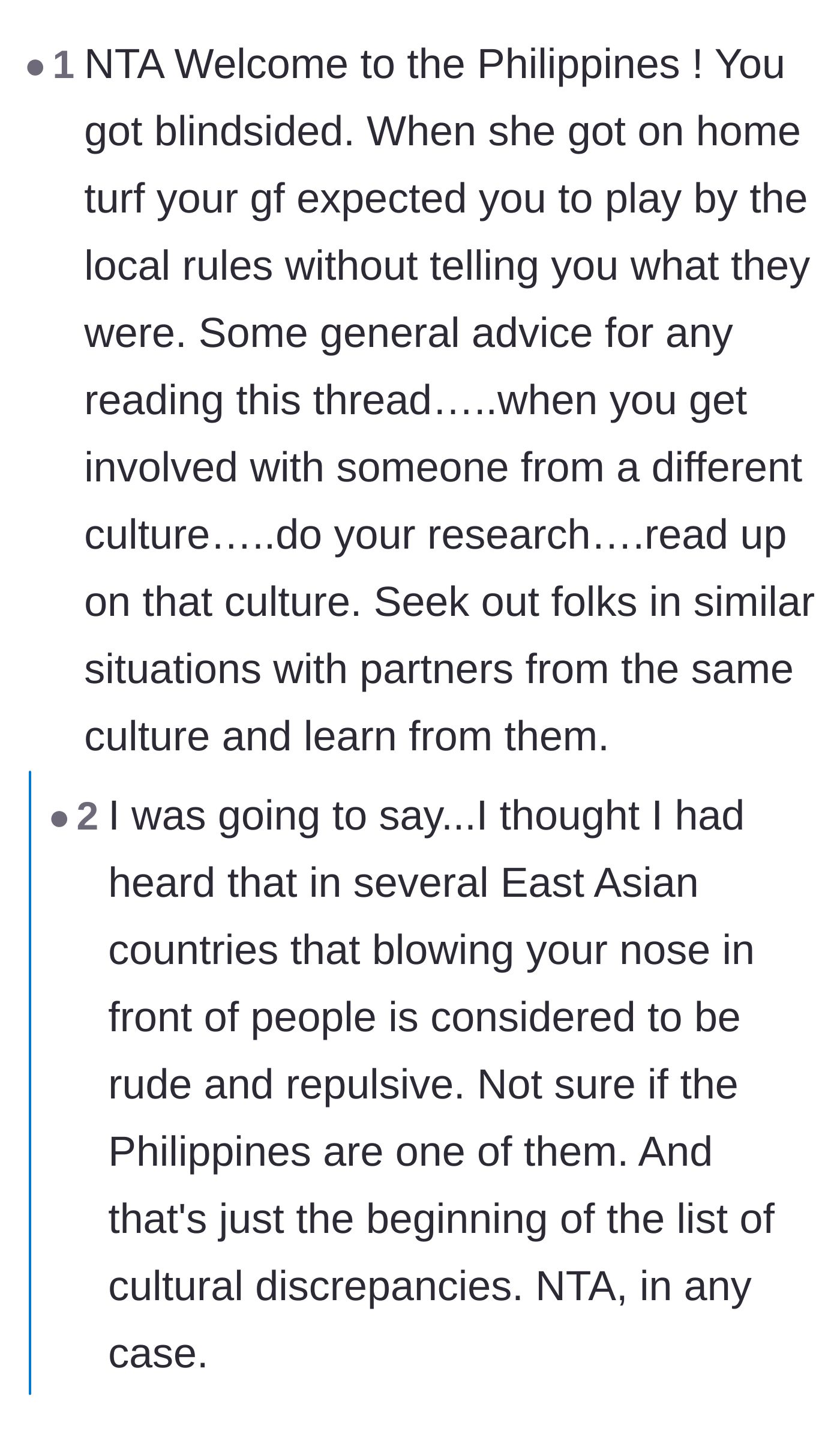 Comment thread 3 - Debate over cultural differences and the importance of preparing a partner for local expectations.