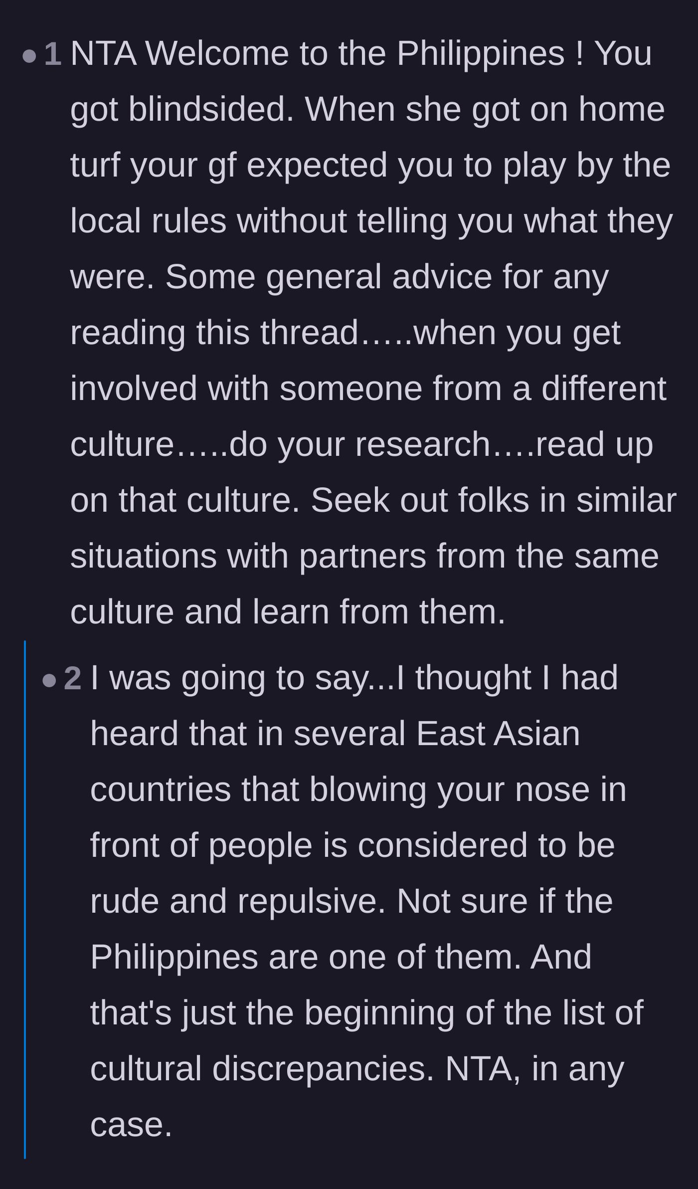 Comment thread 3 - Debate over cultural differences and the importance of preparing a partner for local expectations.