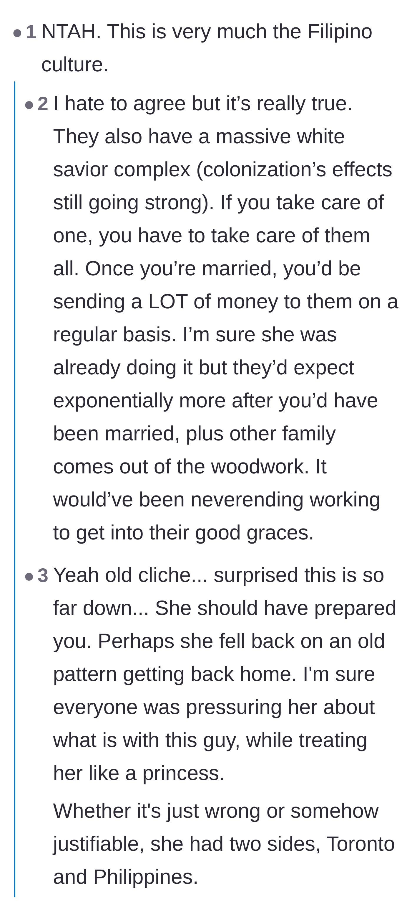Comment thread 6 - A nuanced discussion on systemic cultural pressures, financial expectations, and the heavy burden placed on overseas relationships.