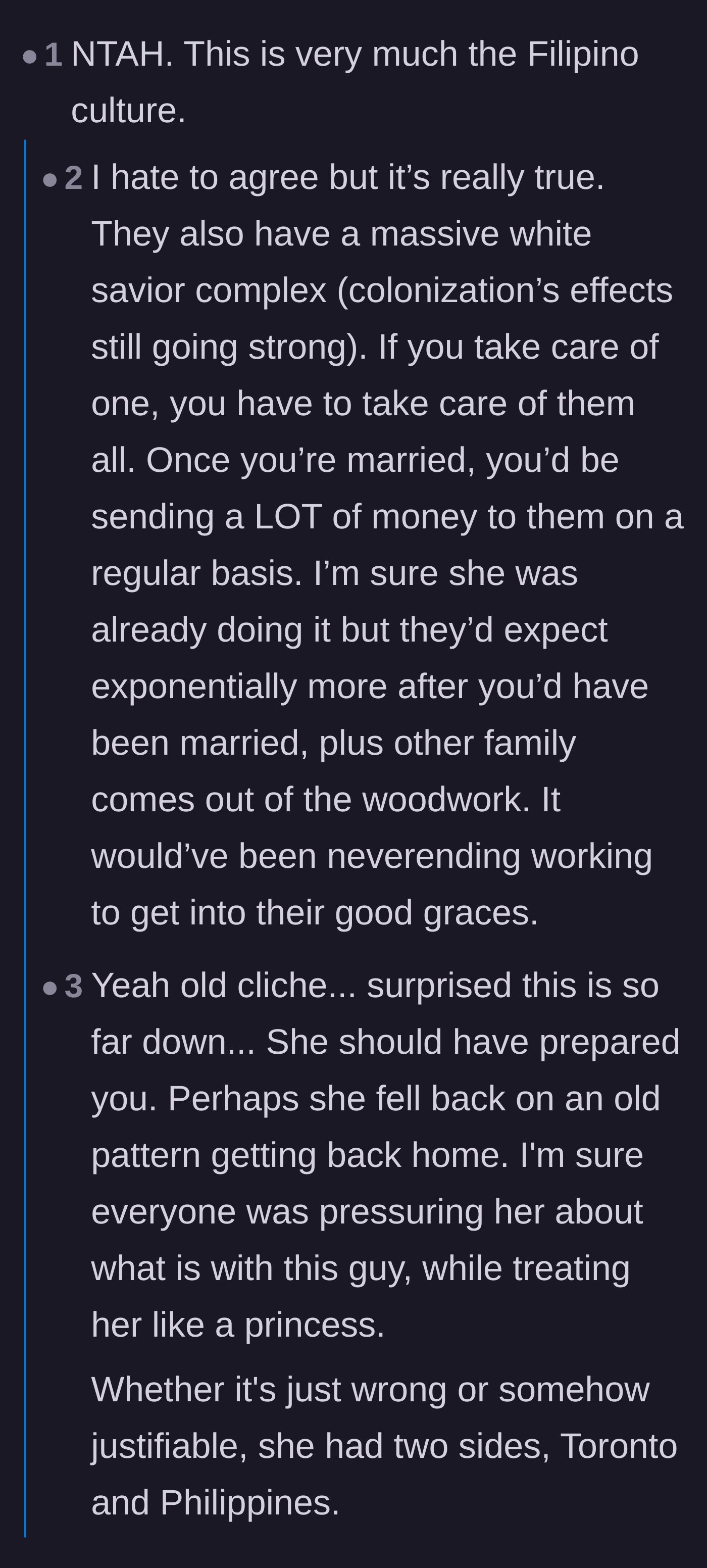 Comment thread 6 - A nuanced discussion on systemic cultural pressures, financial expectations, and the heavy burden placed on overseas relationships.