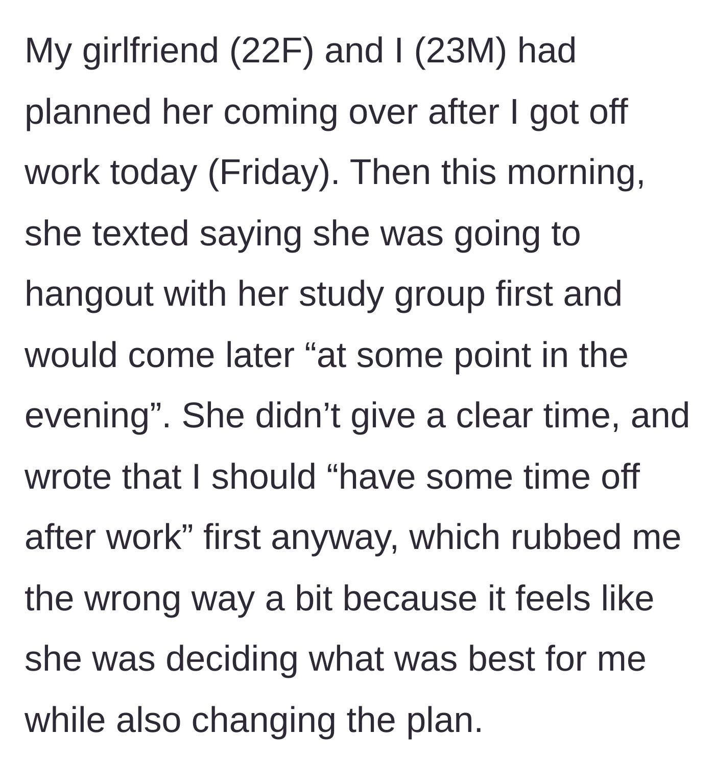 Story part 1 - Girlfriend texts vague new plans to her boyfriend, framing it as a favor to him.