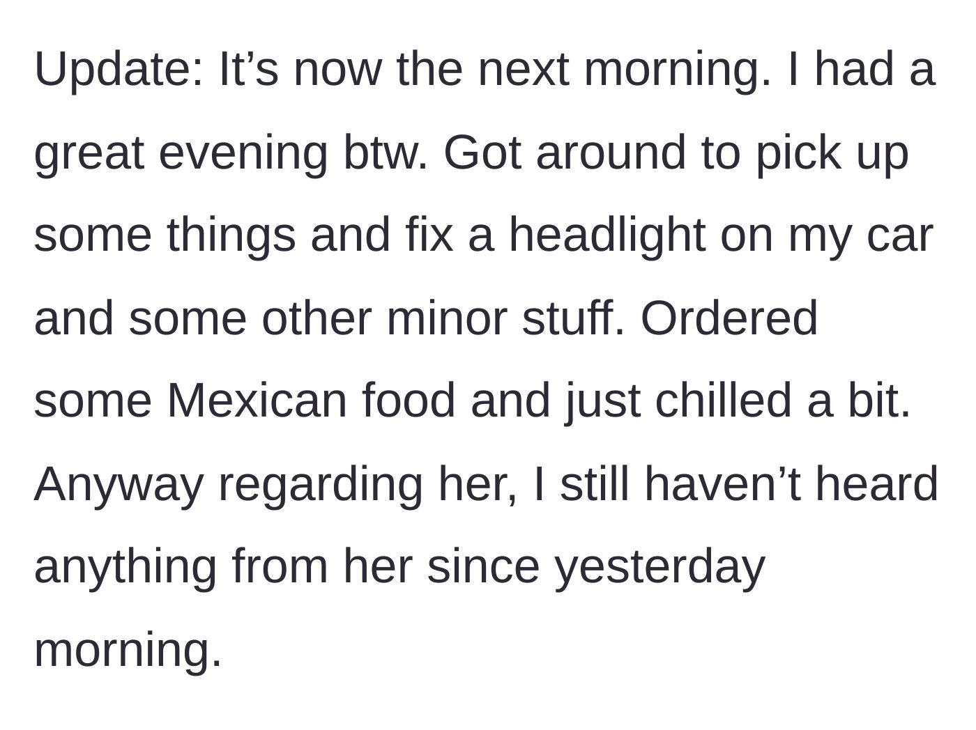Story part 4 - Boyfriend having a solo Mexican food dinner while being ignored.