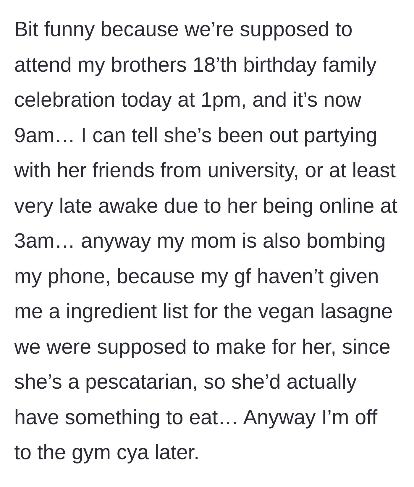 Story part 5 - Boyfriend looking at girlfriend's active status at 3am while his mom panics about food.
