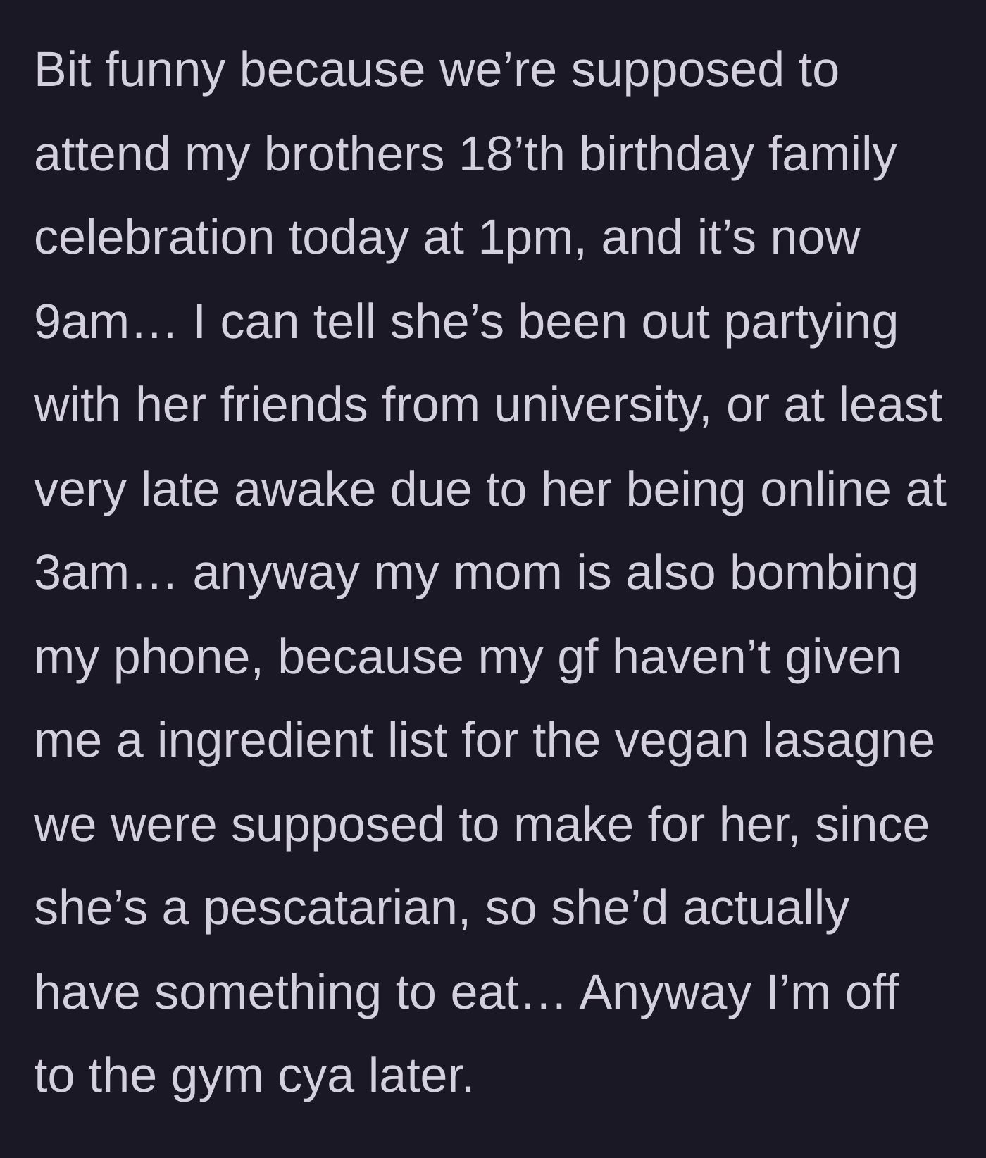 Story part 5 - Boyfriend looking at girlfriend's active status at 3am while his mom panics about food.
