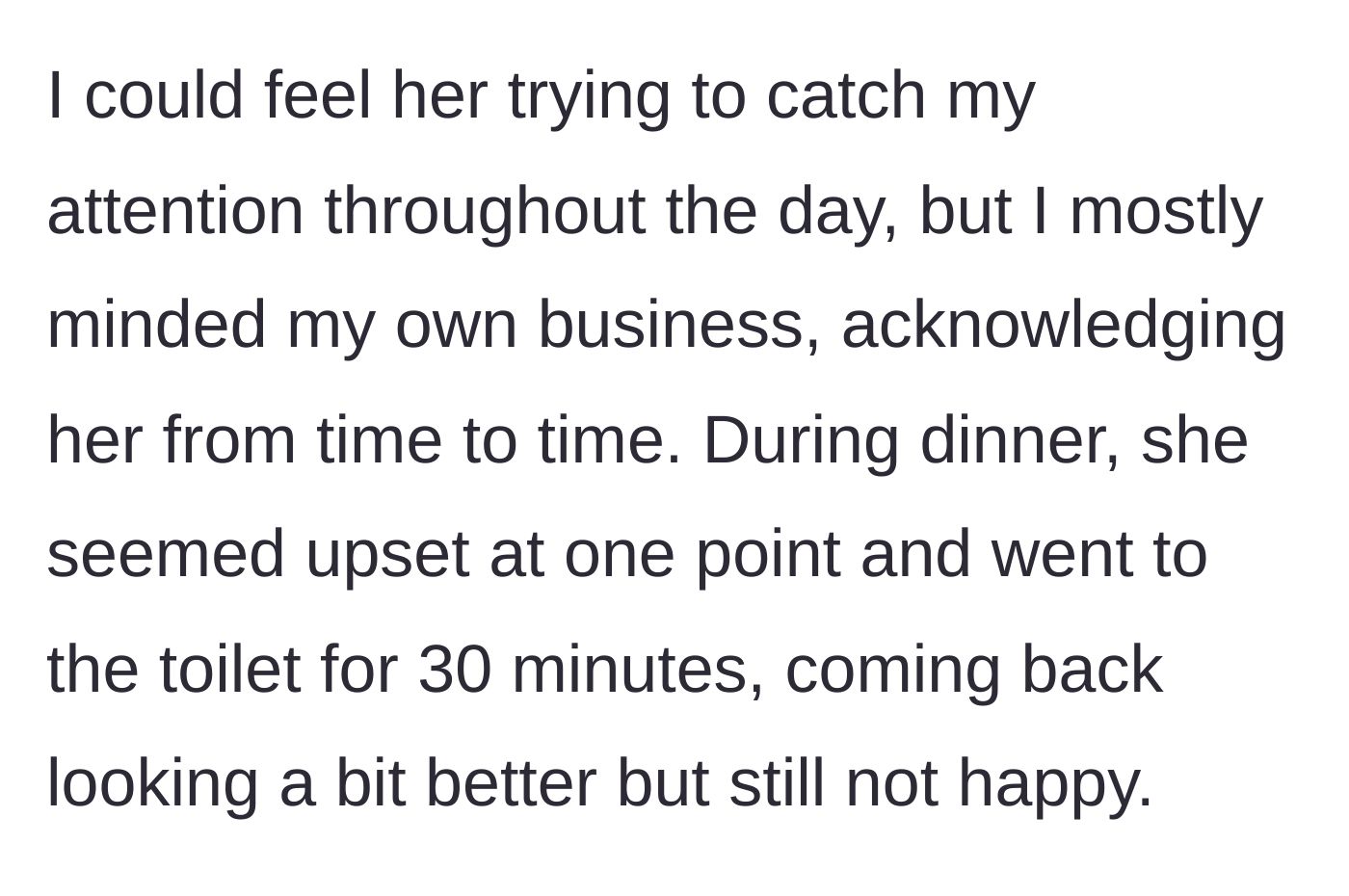 Story part 8 - Girlfriend looking upset and crying in the bathroom at the dinner table.