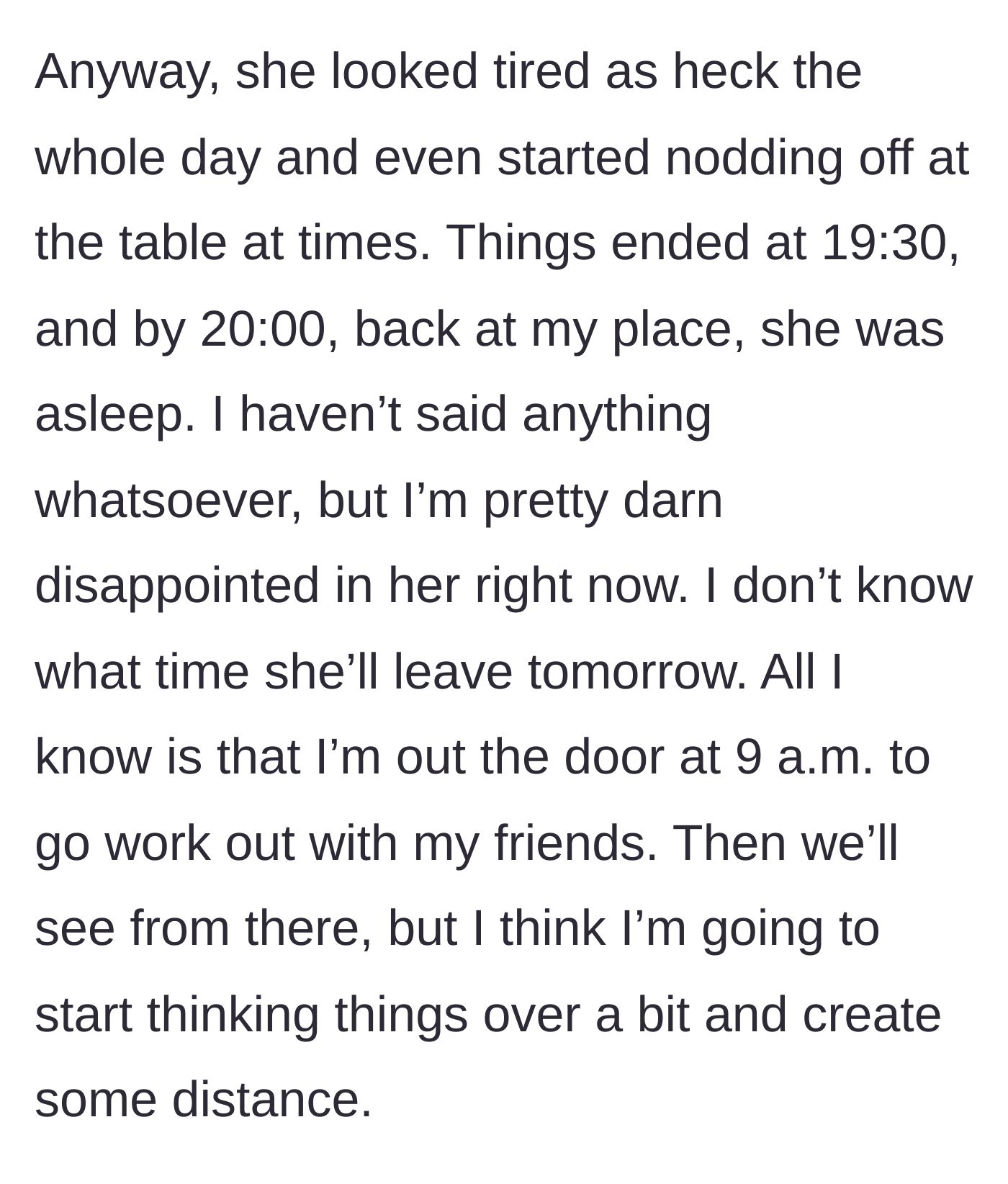 Story part 9 - Girlfriend sleeping early while boyfriend plans his morning gym exit.
