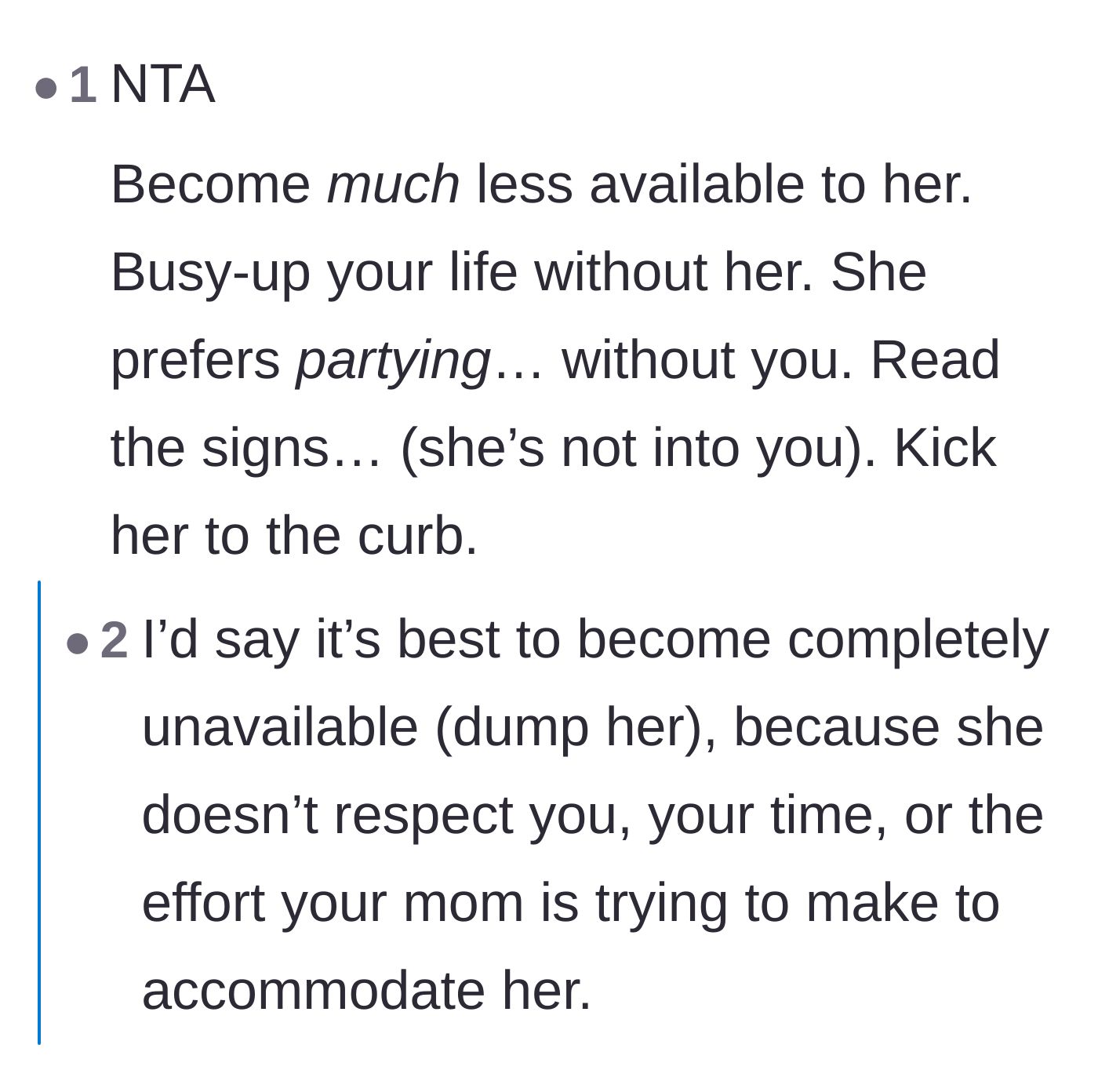Comment thread 3 - Urging the boyfriend to match her distance and end the relationship