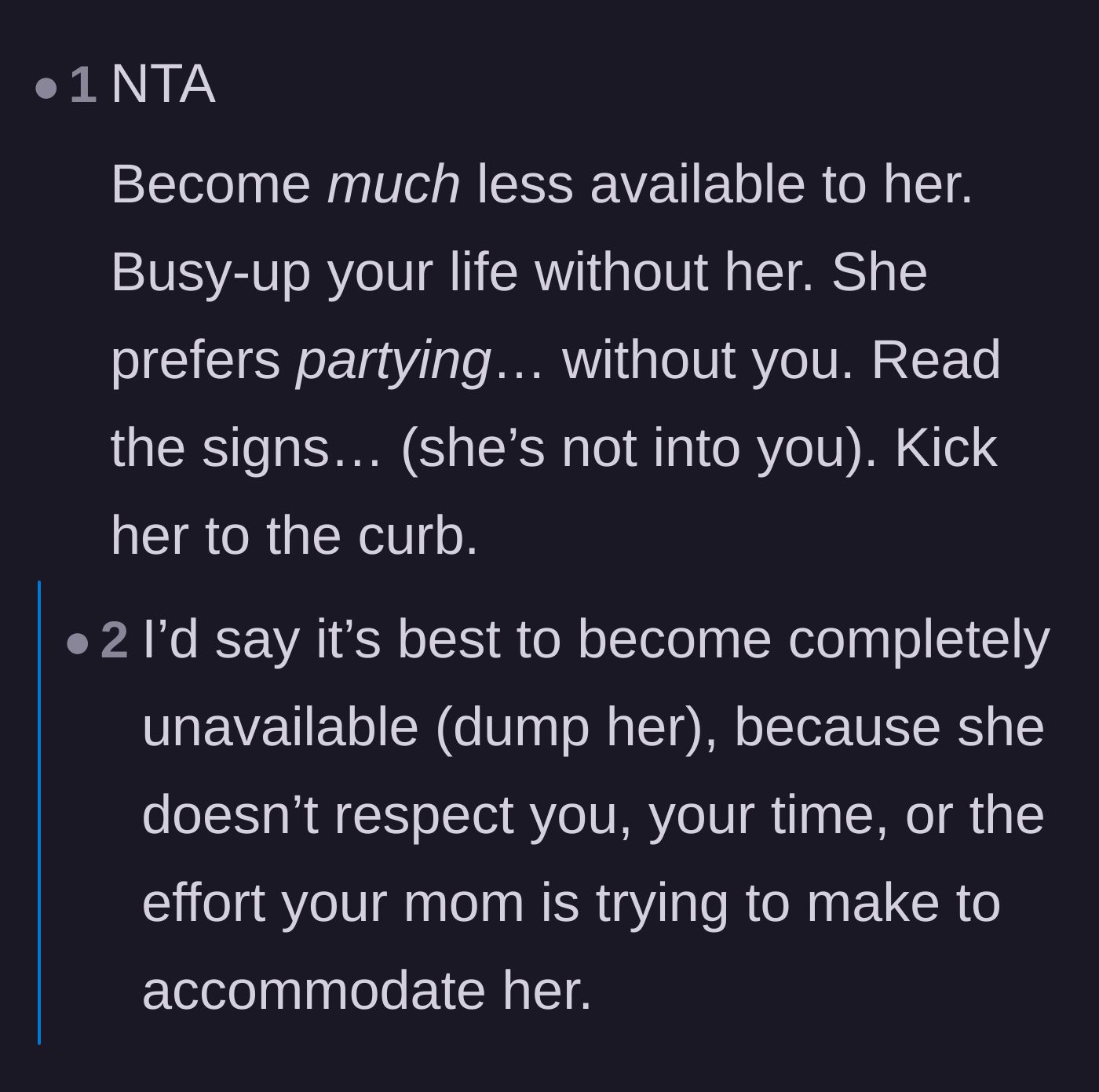 Comment thread 3 - Urging the boyfriend to match her distance and end the relationship