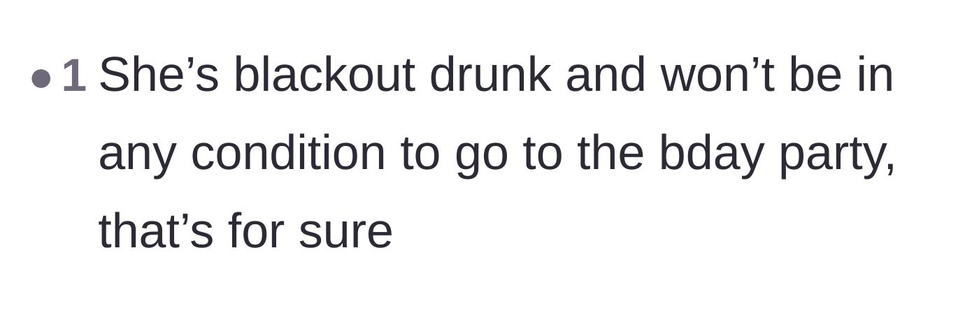 Comment thread 5 - Guessing the girlfriend is too drunk to attend the family party