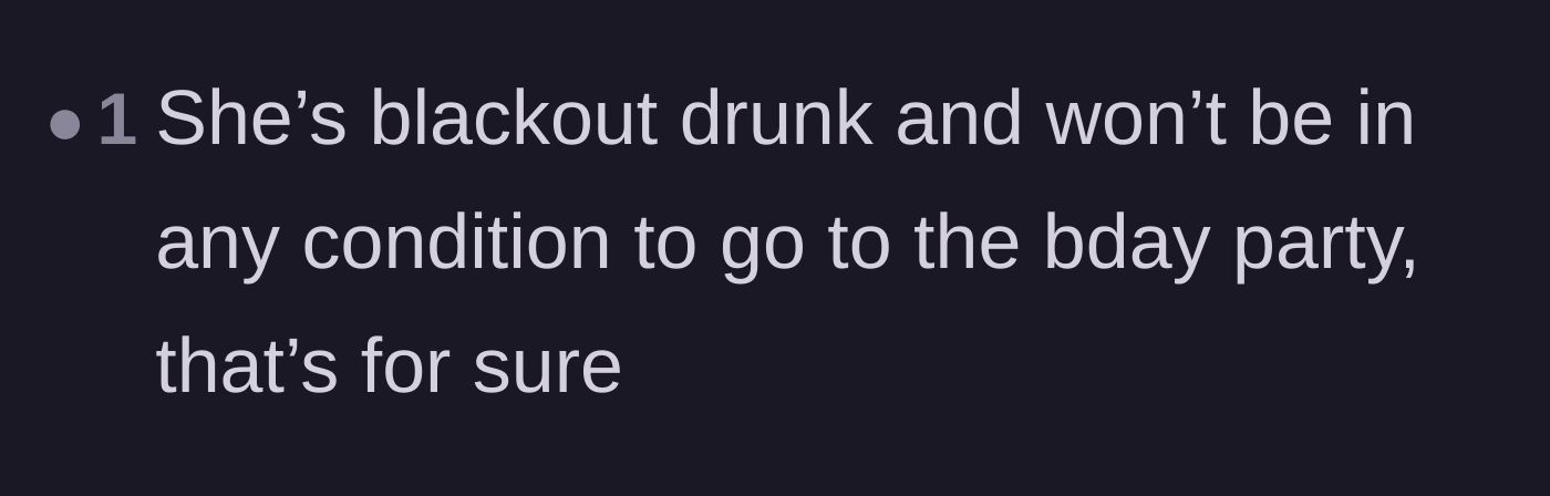 Comment thread 5 - Guessing the girlfriend is too drunk to attend the family party