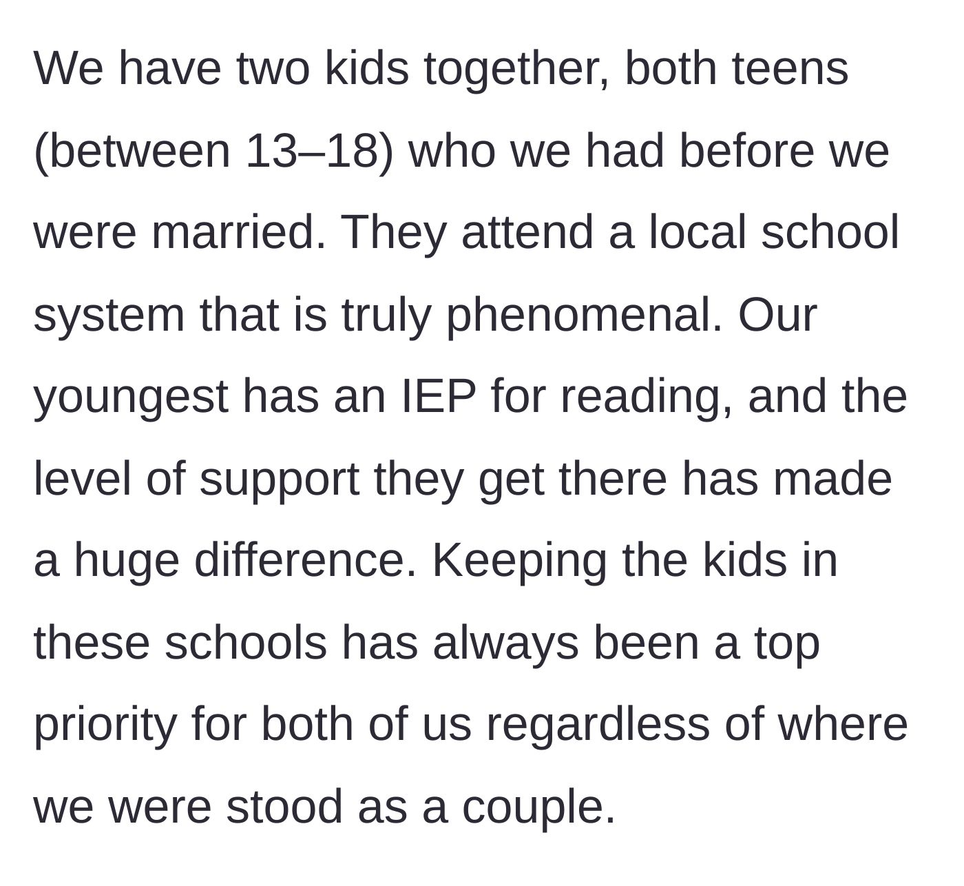 Story part 4 - The father explains the importance of keeping their teenage children in their highly supportive school district.